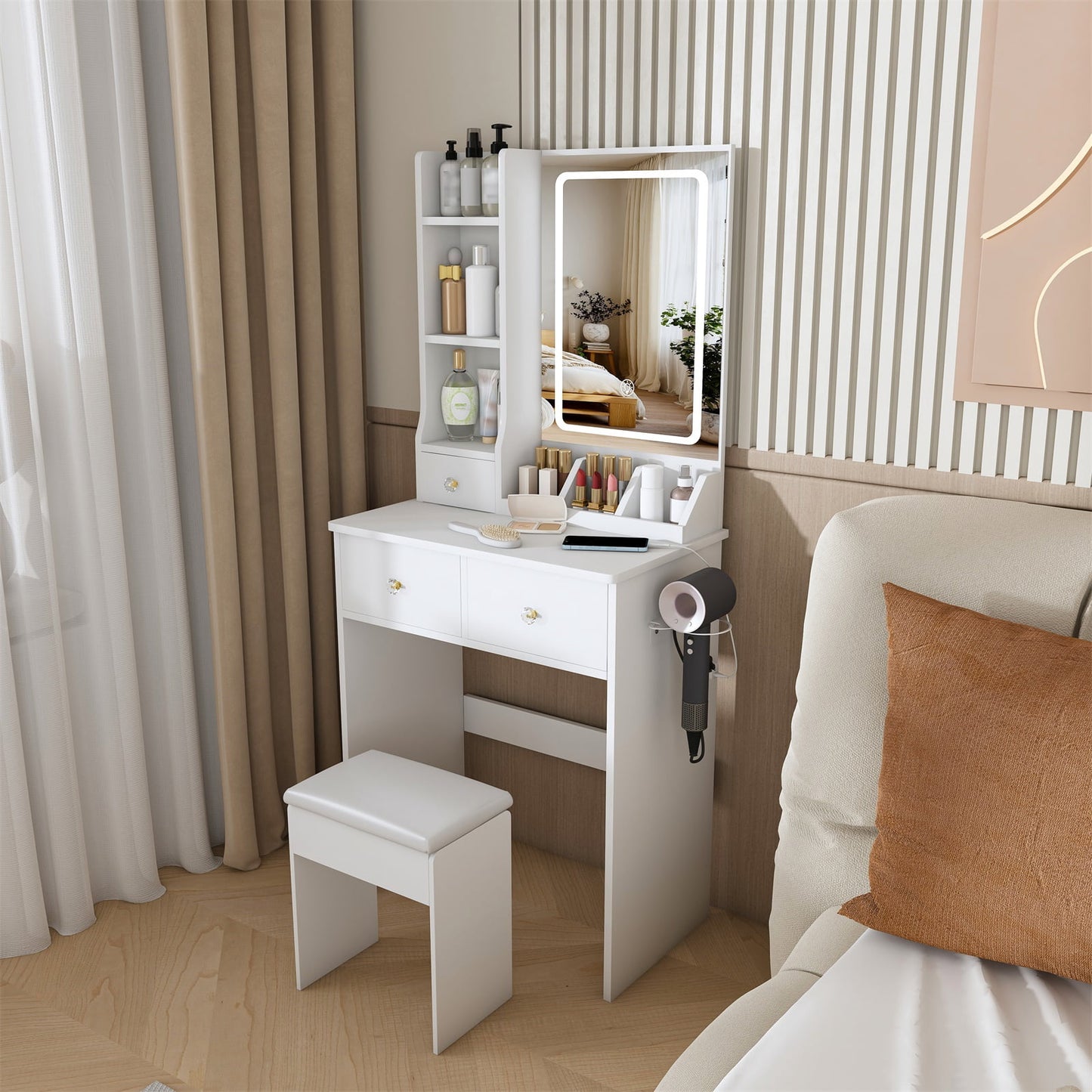 Hommoo Modern Vanity Desk Set, Makeup Vanity Dressing Table with Adjustable Brightness LED Lighted Mirror, 3-Drawer and Storage Shelves, Hair Dryer Holder and Power Socket, and Stool, White