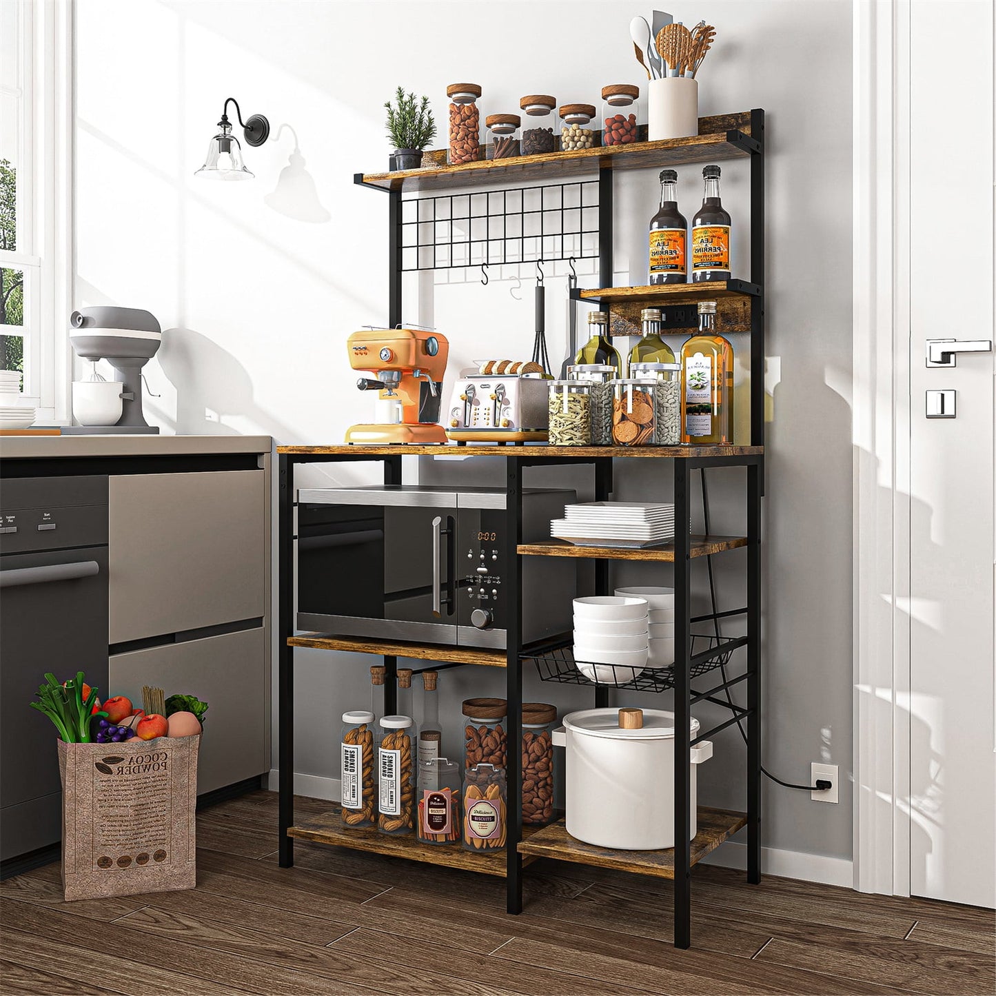 Hommoo Multipurpose Kitchen Storage Rack, Kitchen Bakerâ€™s Rack with Power Outlet, Storage Microwave Stand Coffee Bar Station, Rustic Brown