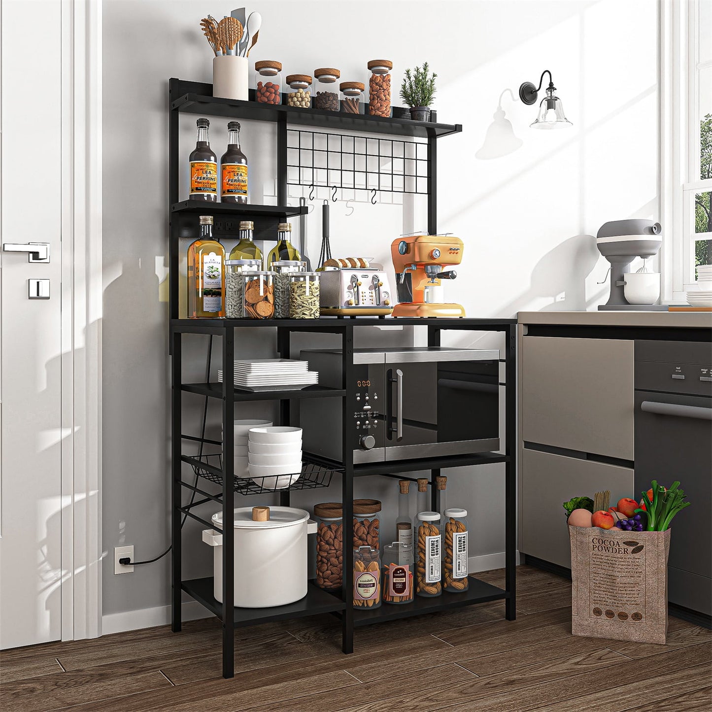 Hommoo Multipurpose Kitchen Storage Rack, Kitchen Bakerâ€™s Rack with Power Outlet, Storage Shelf Microwave Stand Coffee Bar Station, Black