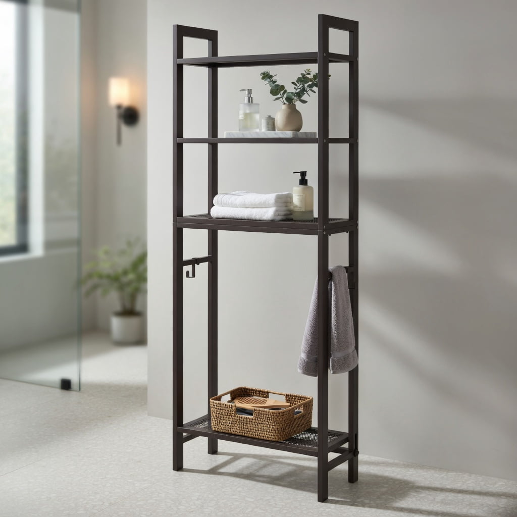 Hommoo Over-the-Toilet Storage Shelf, Heavy-Duty Metal Bathroom Organizer with 3-Tier Shelves & 3 Hooks, Space-Saving Design for Towels, Toiletries & Cosmetics, Brown