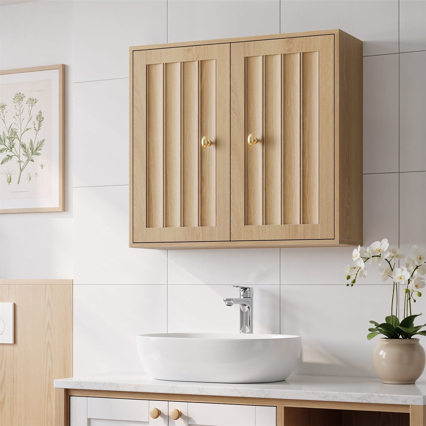 Hommoo Wall-Mounted Bathroom Cabinet with Vertical Grooved Design, Wall-Mounted Storage Cabinet for Bathrooms, Restrooms, and Hallways, Oak