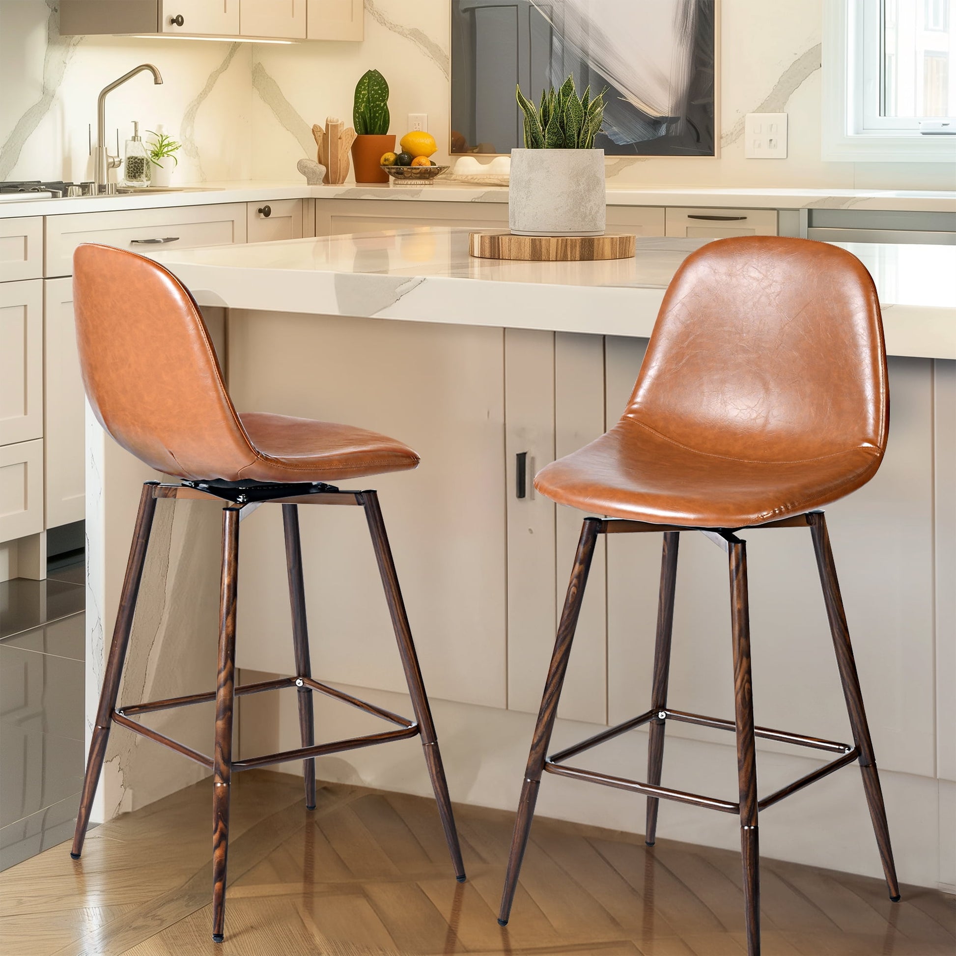 Homy Casa 26" Counter Height Bar Stools Set of 2, Swivel Stools for Kitchen Island, Caramel Brown