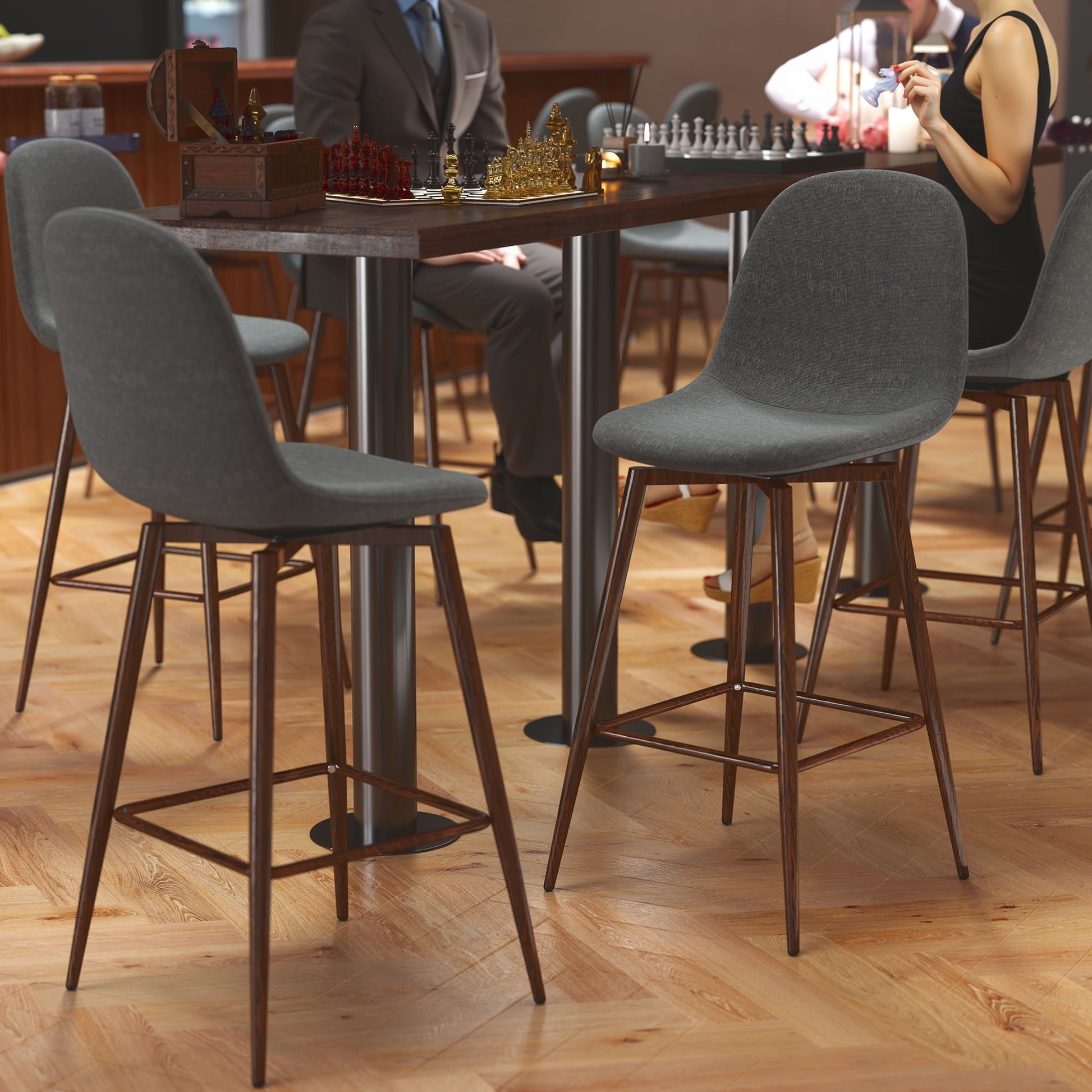 Homy Casa 26" Swivel Counter Height Bar Stools, Set of 2, Grey Fabric, Wood-Look Legs