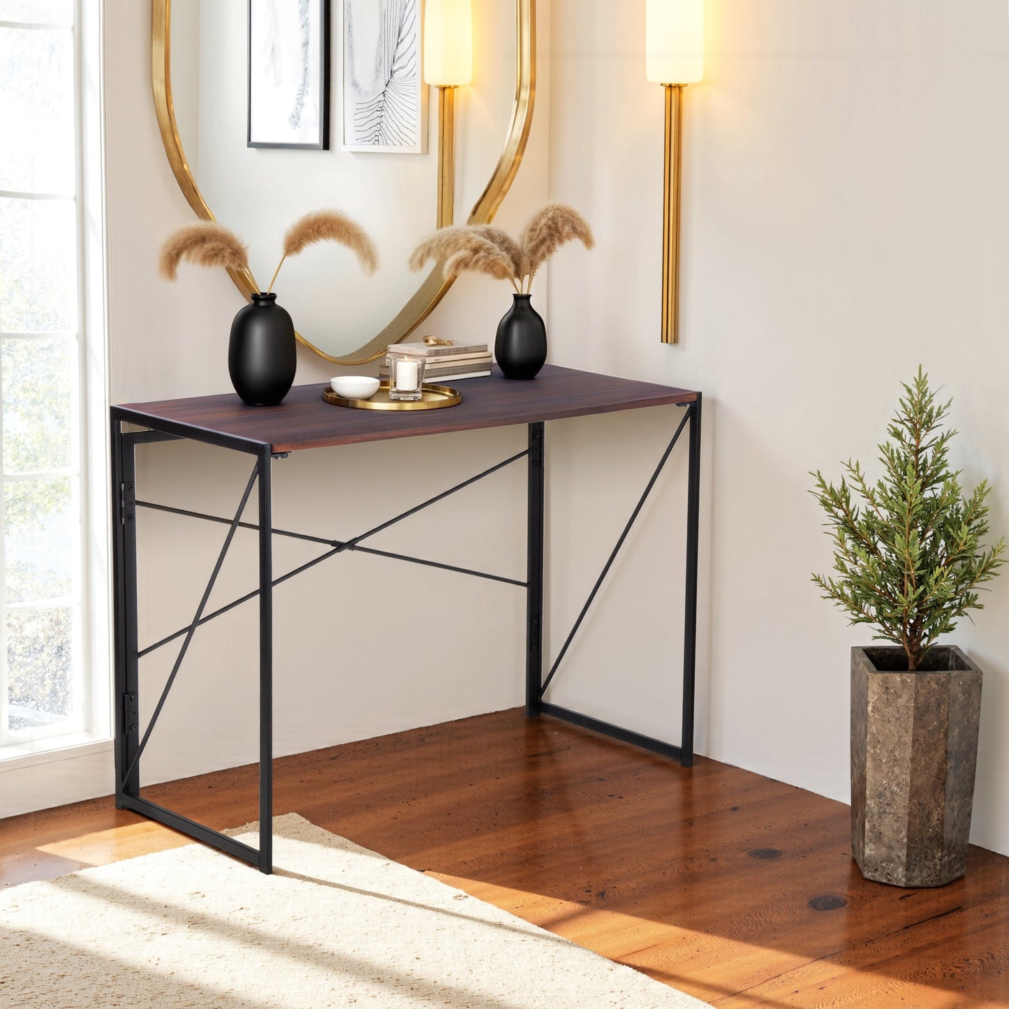 Homy Casa 39.4" Folding Table, Dark Walnut Wood Tabletop with Black Metal Frame for Small Spaces