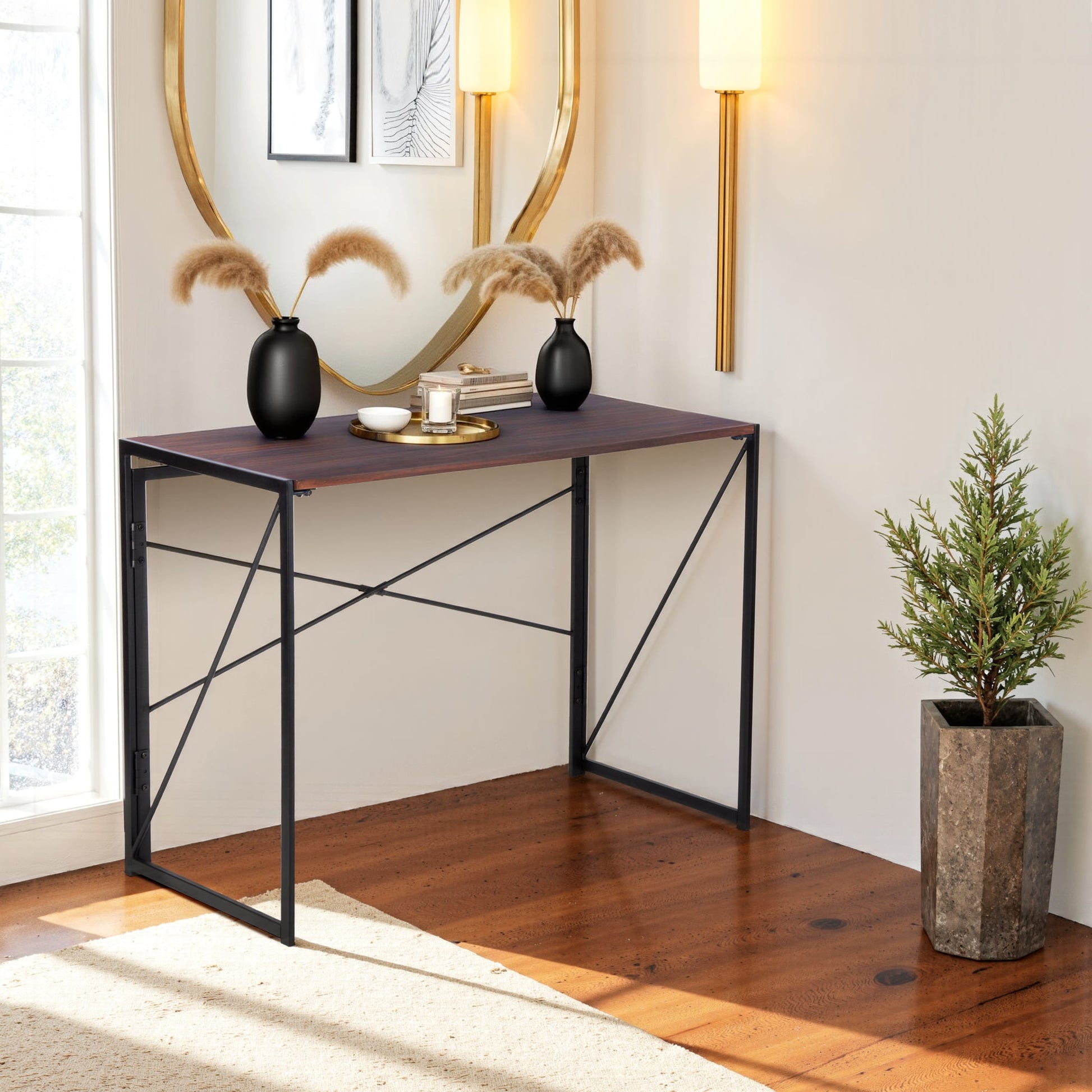 Homy Casa 39.4" Folding Table, Dark Walnut Wood Tabletop with Black Metal Frame for Small Spaces