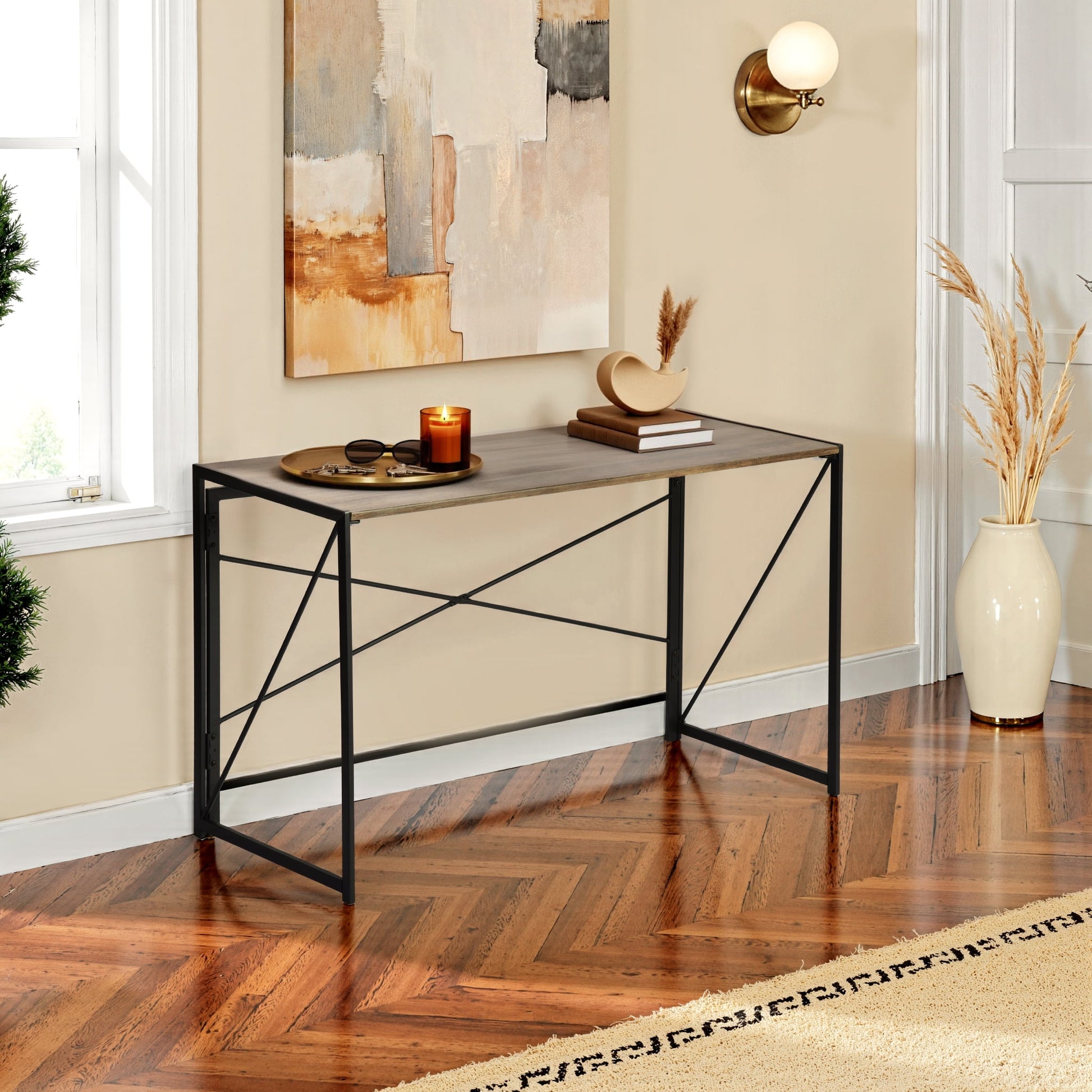 Homy Casa 47" Folding Table, Dark Walnut Wood Top with Black Metal X-Frame for Home Office or Dorm Use