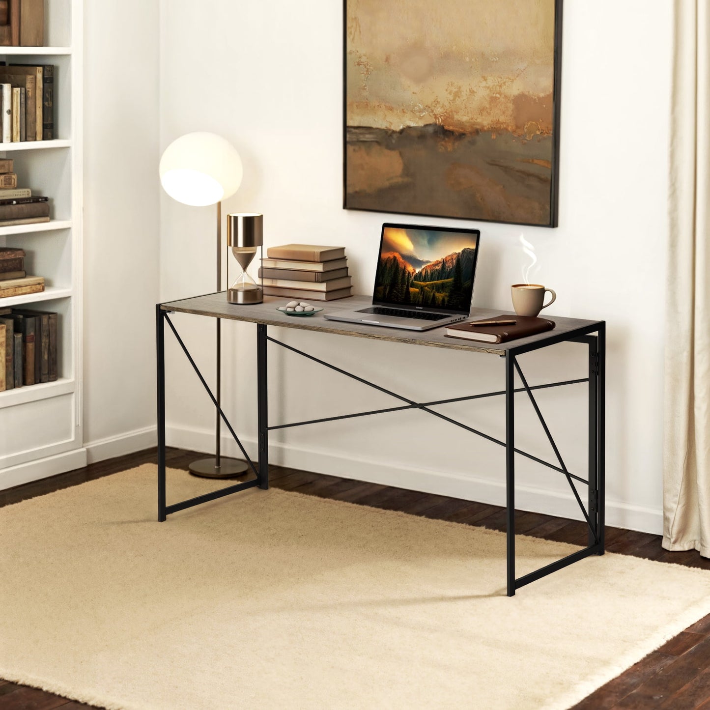 Homy Casa 55.1" Writing Desk - Walnut Finish with Metal Frame
