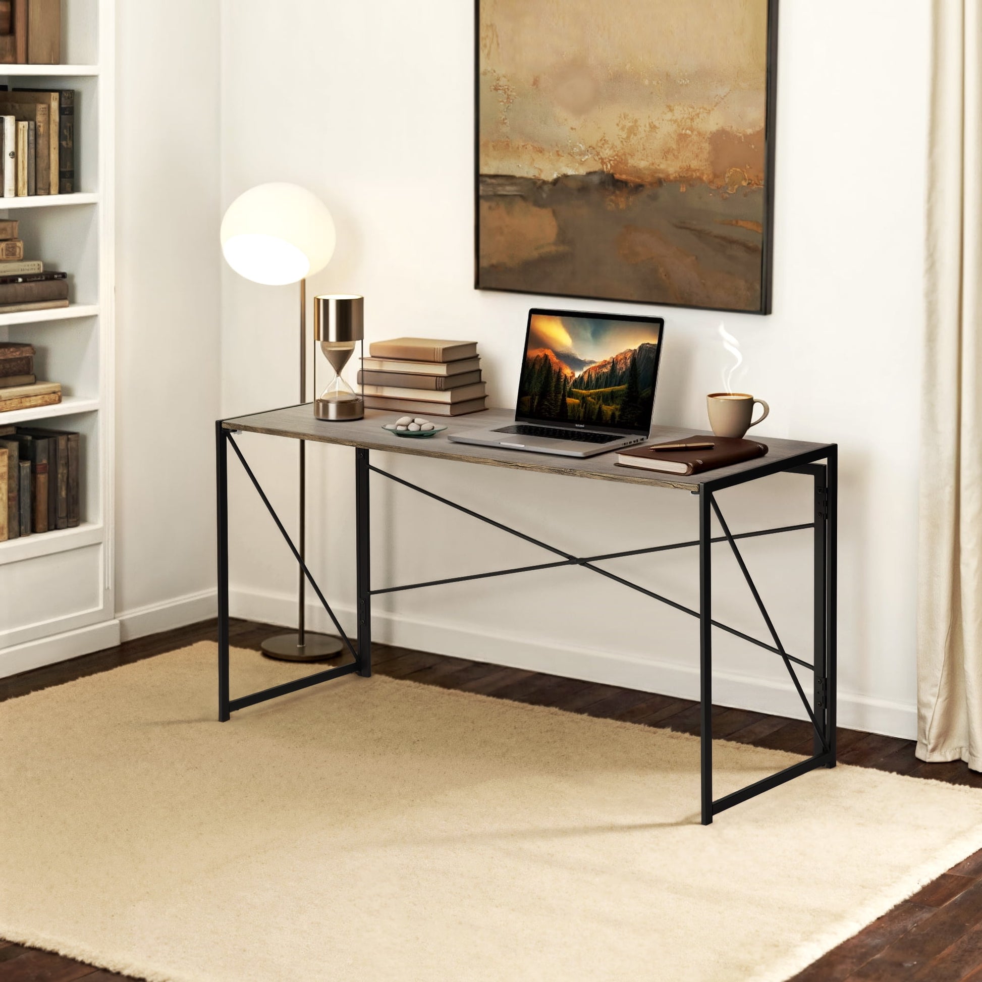Homy Casa 55.1" Writing Desk - Walnut Finish with Metal Frame