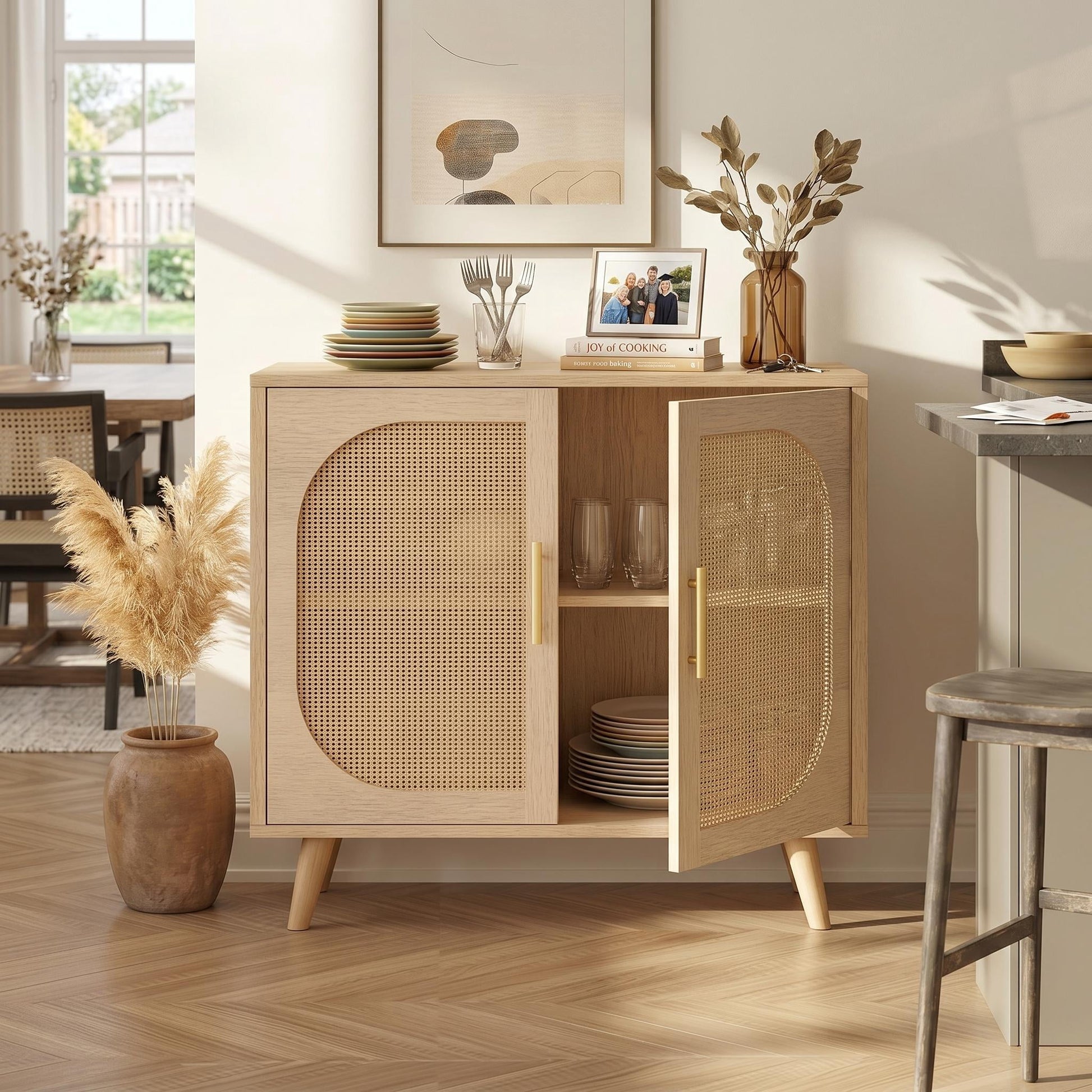 Homy Casa Accent Cabinet, 2-Door Rattan Storage Cabinet with Shelves, Natural