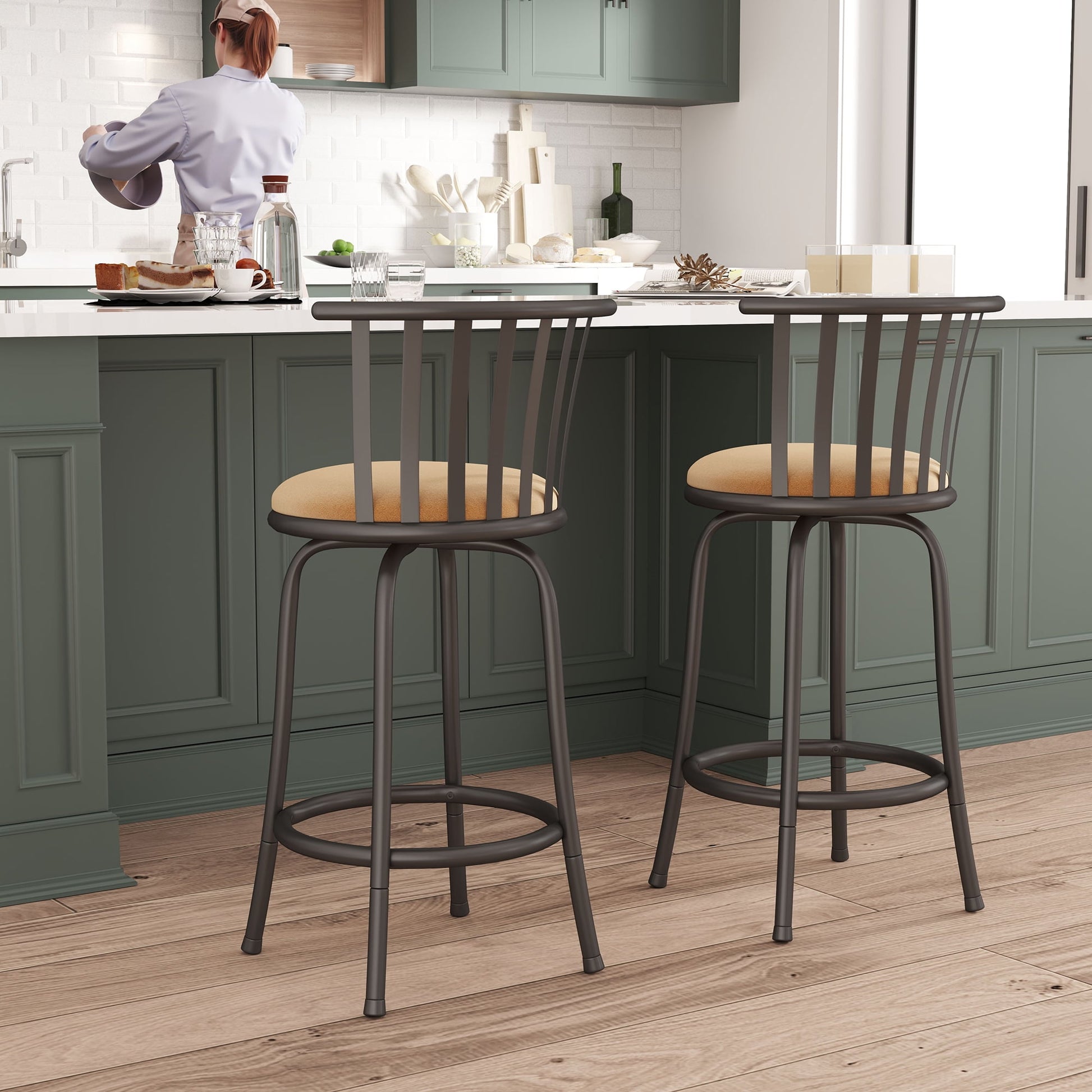 Homy Casa 2 Pack Bar Stools Adjustable 24/29 in Swivel with Back,Kitchen Island Chairs, Brown