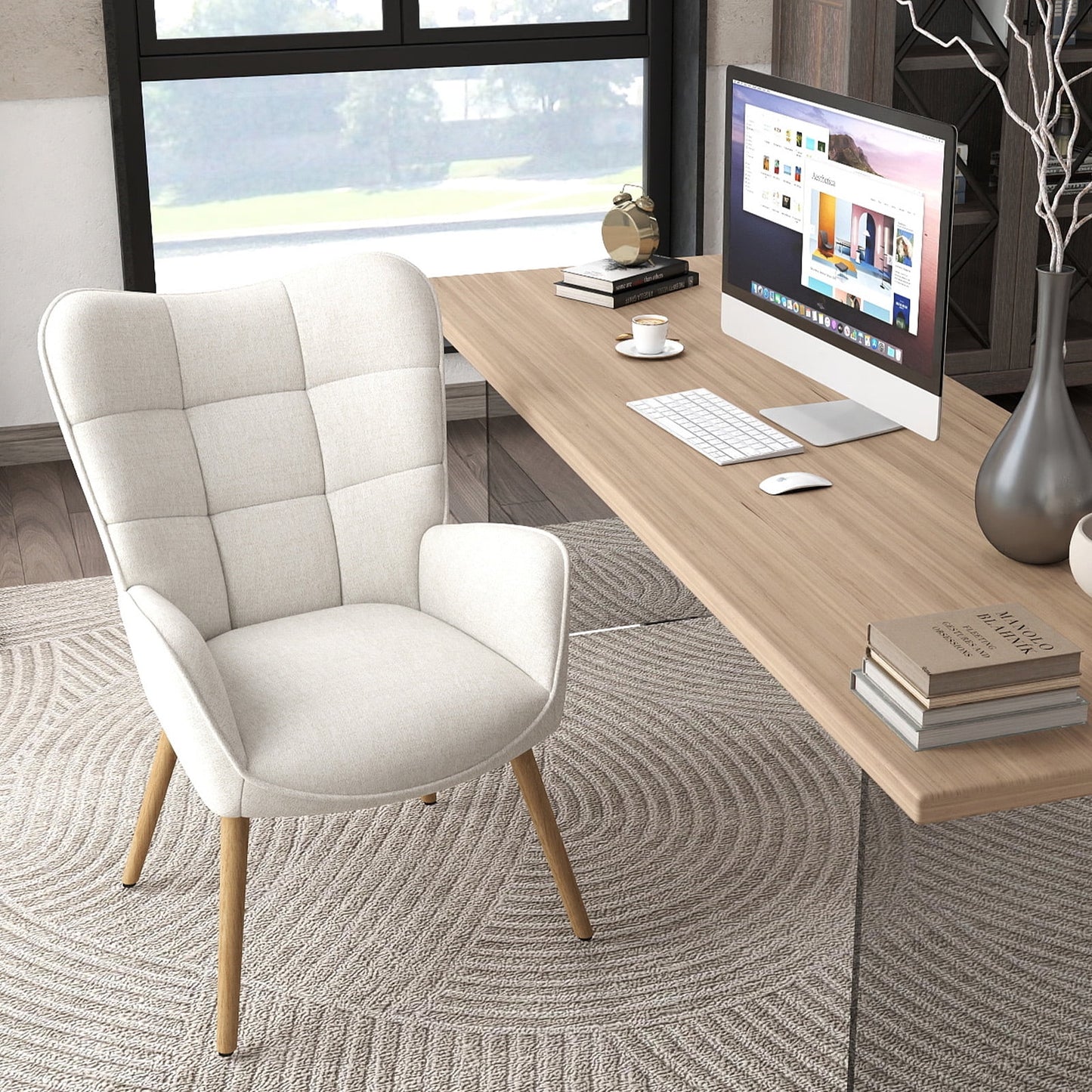 Homy Casa Desk Chair, High Wingback Comfortable Home Office   Reception Seating, Beige
