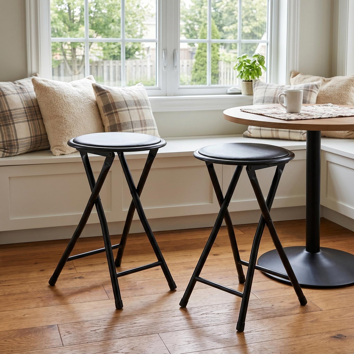 Homy Casa 2-Pack Folding Stools with Padded Round Seat, Black Metal Frame, Portable Space-Saving Design