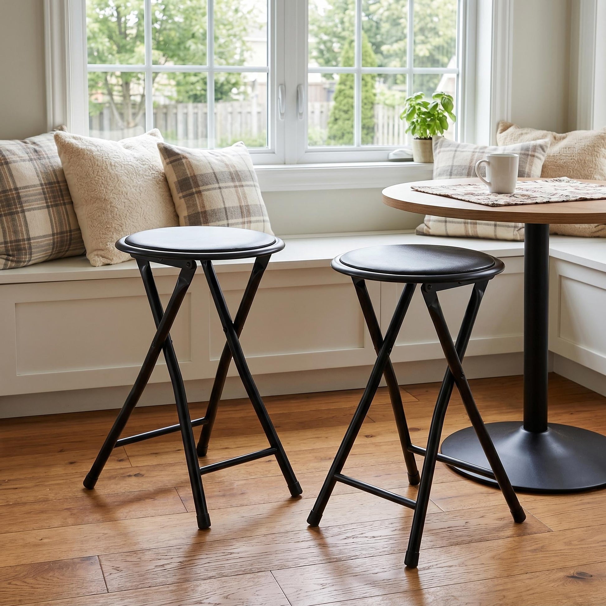 Homy Casa 2-Pack Folding Stools with Padded Round Seat, Black Metal Frame, Portable Space-Saving Design
