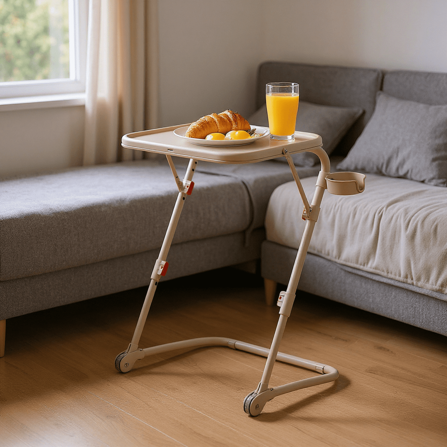 Homy Casa Folding TV Tray Table with Cup Holder, Adjustable Snack Table for Bed, Sofa, Couch, Beige
