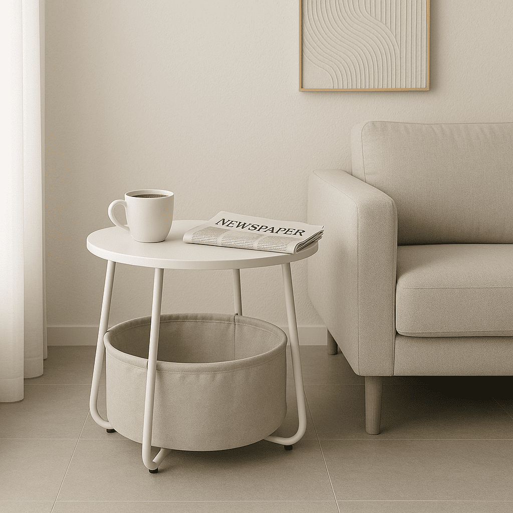 Homy Casa Round End Table with Storage Basket, Accent Table for Reading Nook, White