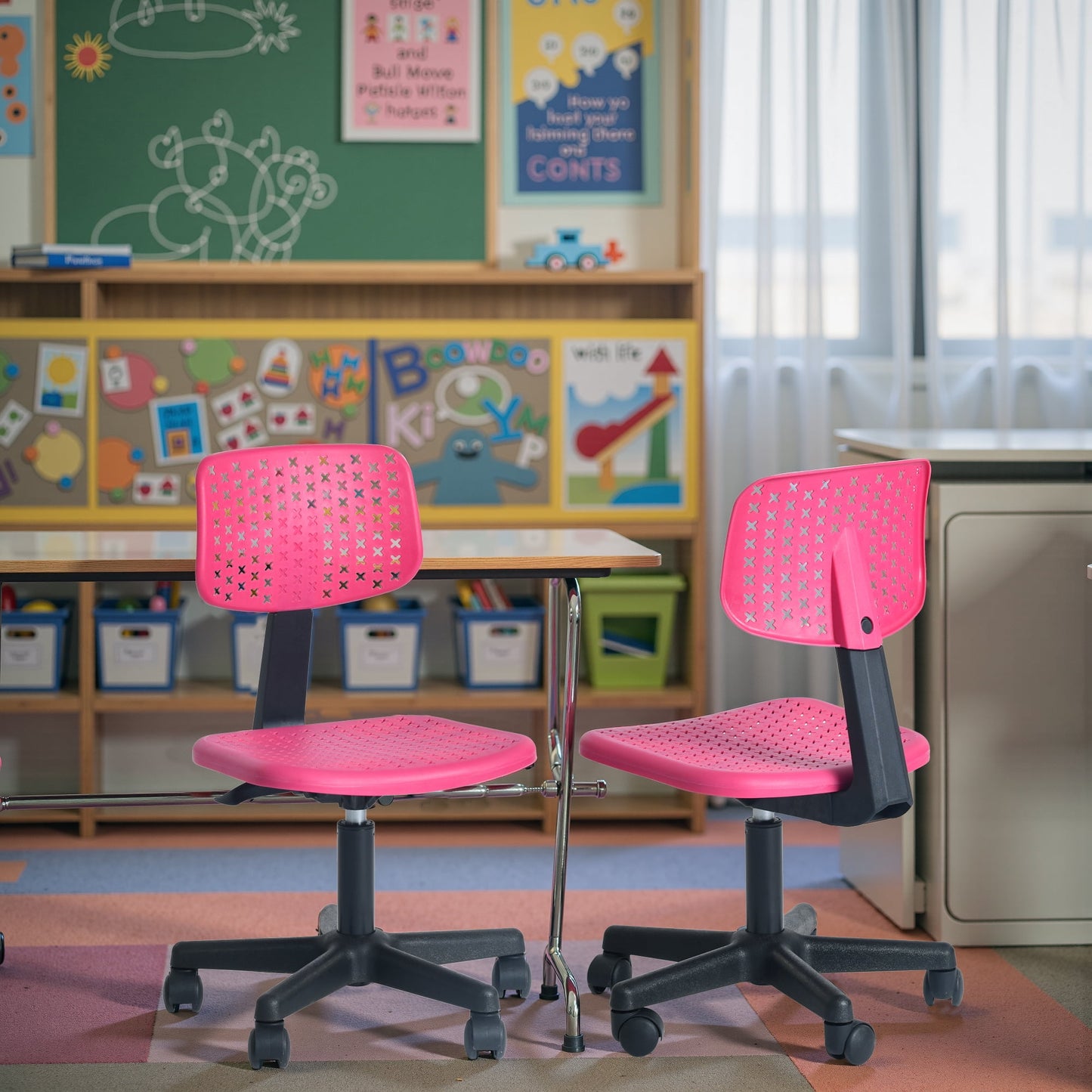 Homy Casa Small Adjustable Kids Desk Chair with Swivel Wheels, Pink Plastic Seat and Backrest
