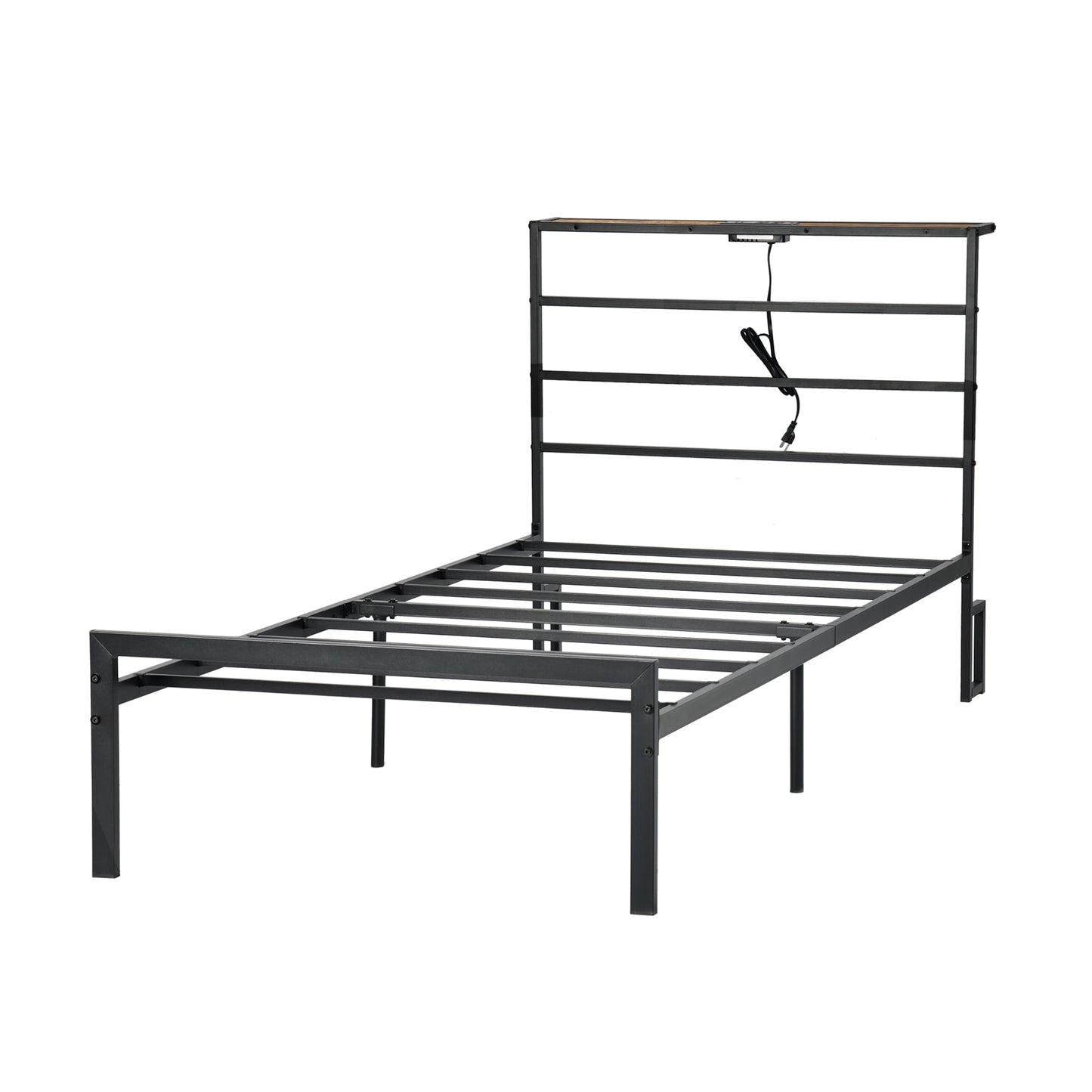 Homy Casa Twin Size Metal Bed Frame with Headboard, Built-in Power Outlet, Sturdy Support for Single Beds, Black
