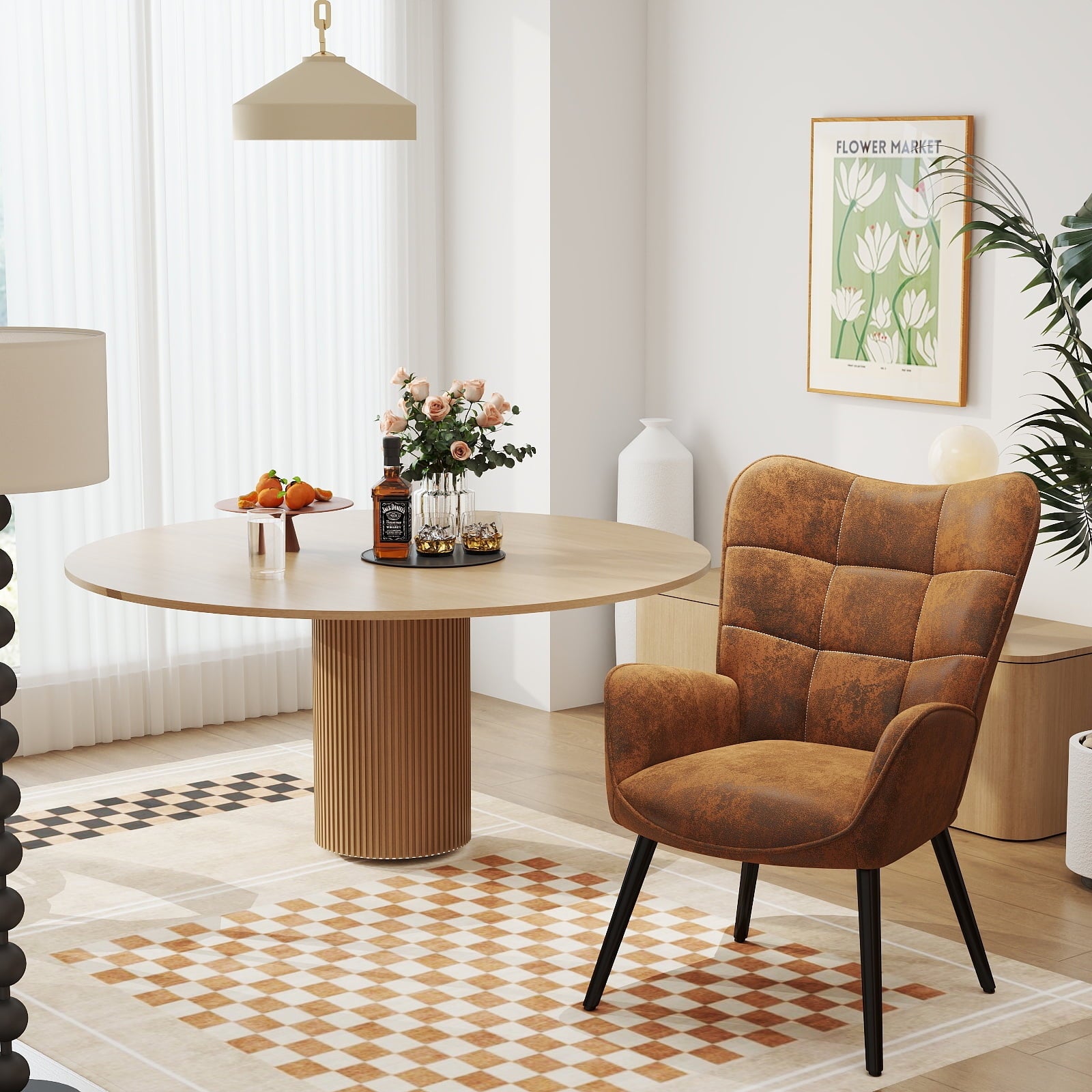 Homy Casa Upholstered Side Chair Rustic High Back Dining Chair Armchair, Brown