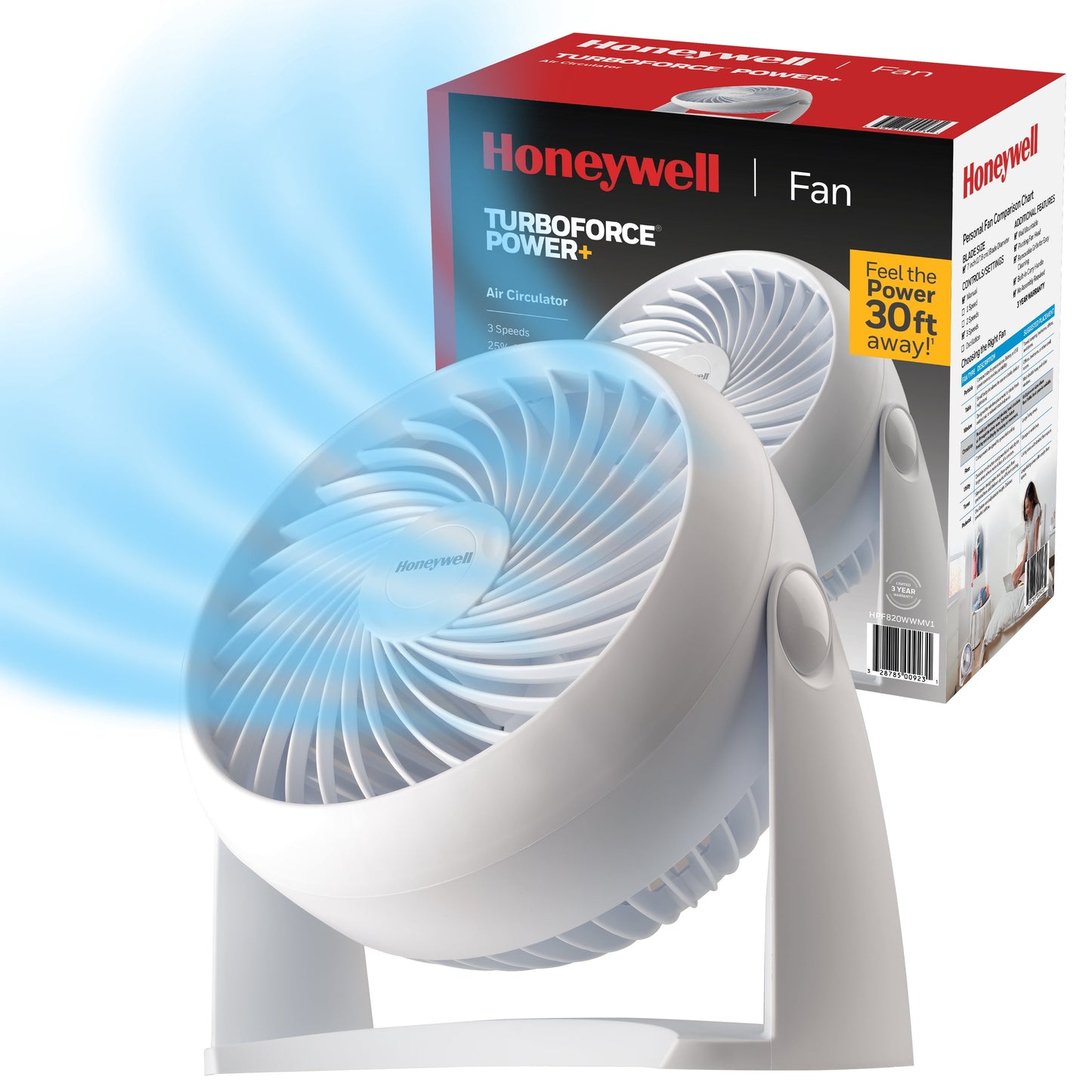 Honeywell 10â€ White Turbo Force Power Table Fan, 30ft. Air Circulation Power, 3 Speed, 90Â° Pivot, HPF820WWM