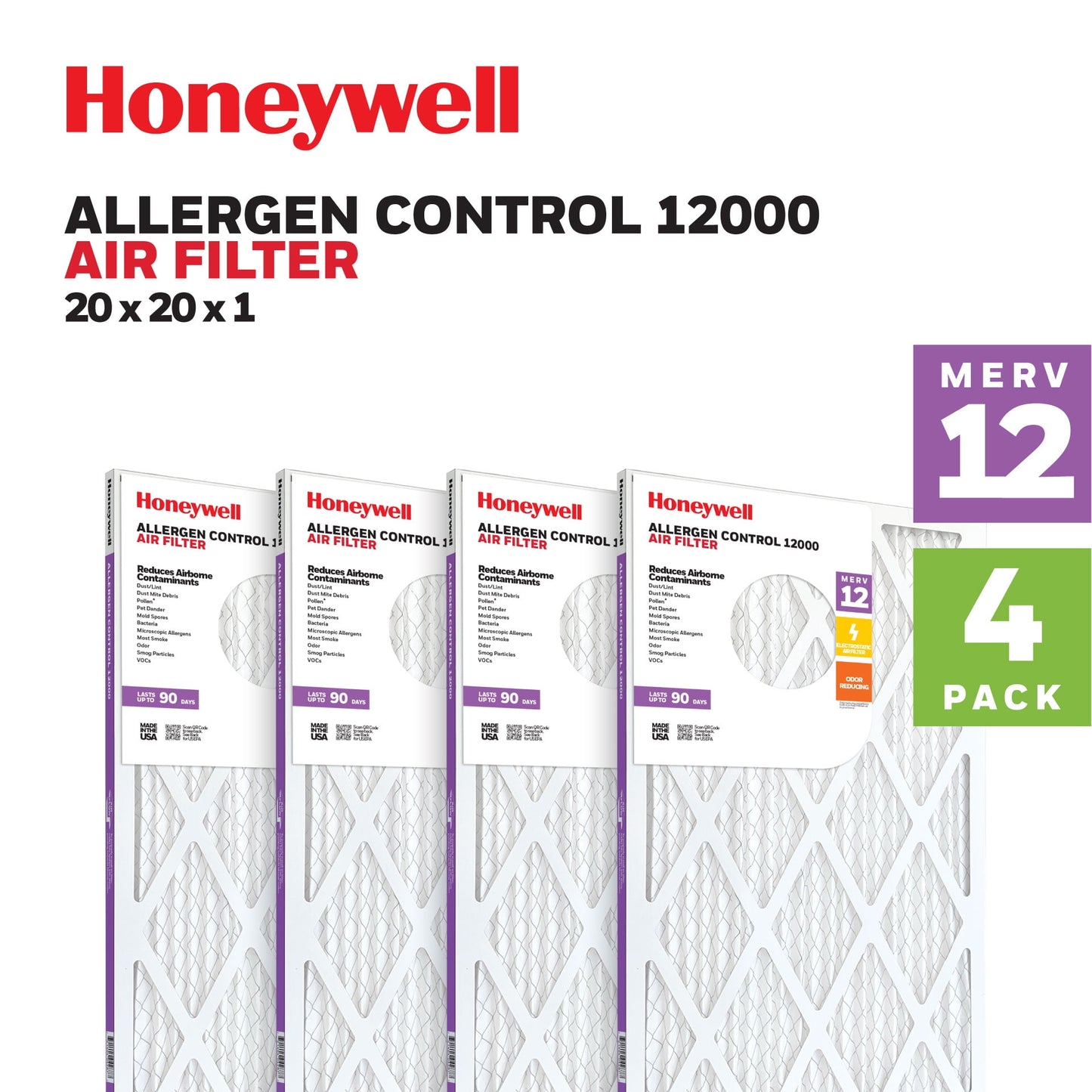 Honeywell 20x20x1 MERV 12 Pleated HVAC Furnace Air Filter -4 Pack
