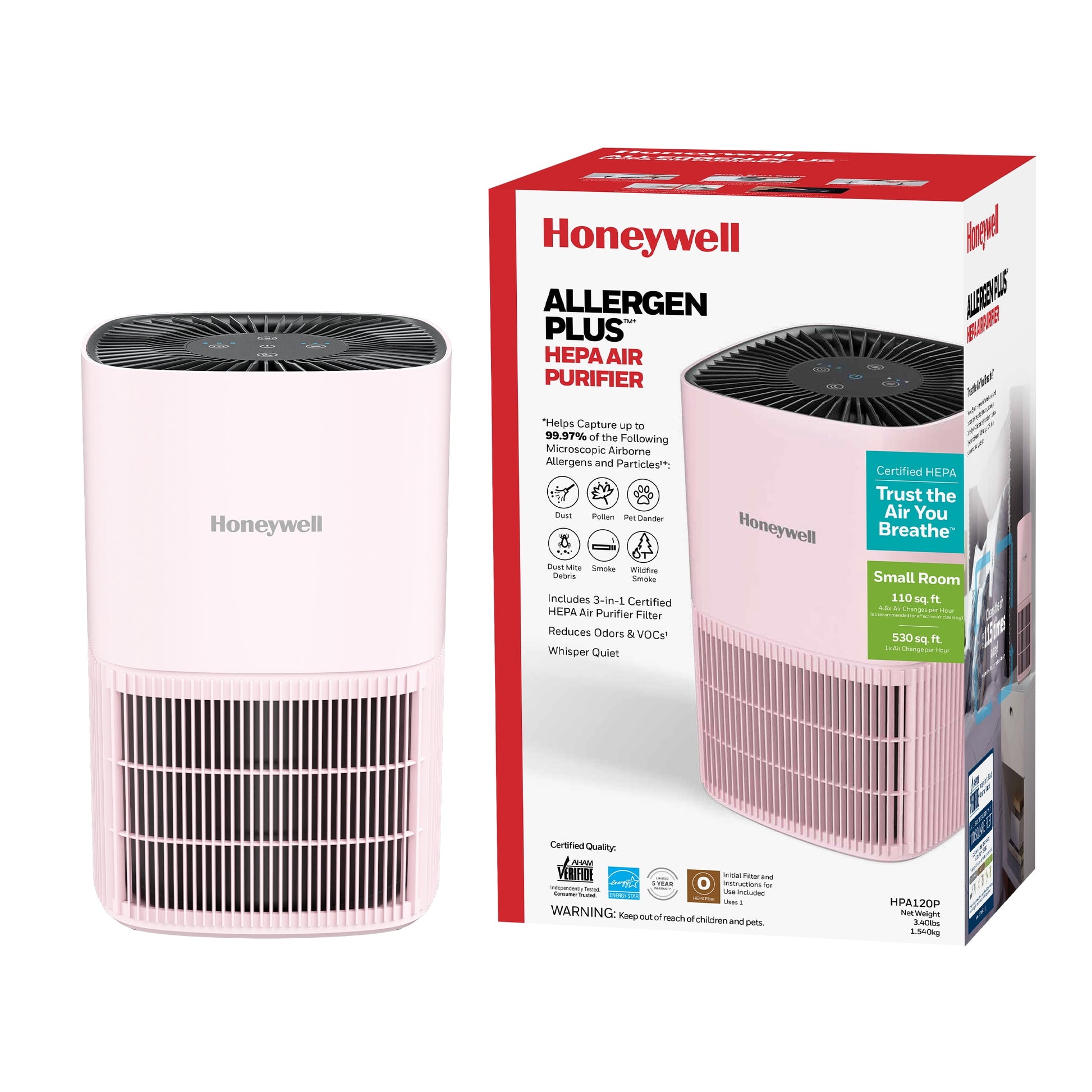 Honeywell HEPA Air Purifiers for Bedroom, 530 Sq ft, HEPA Filter, Allergen+, Smoke, Pollen Reducer, HPA120P
