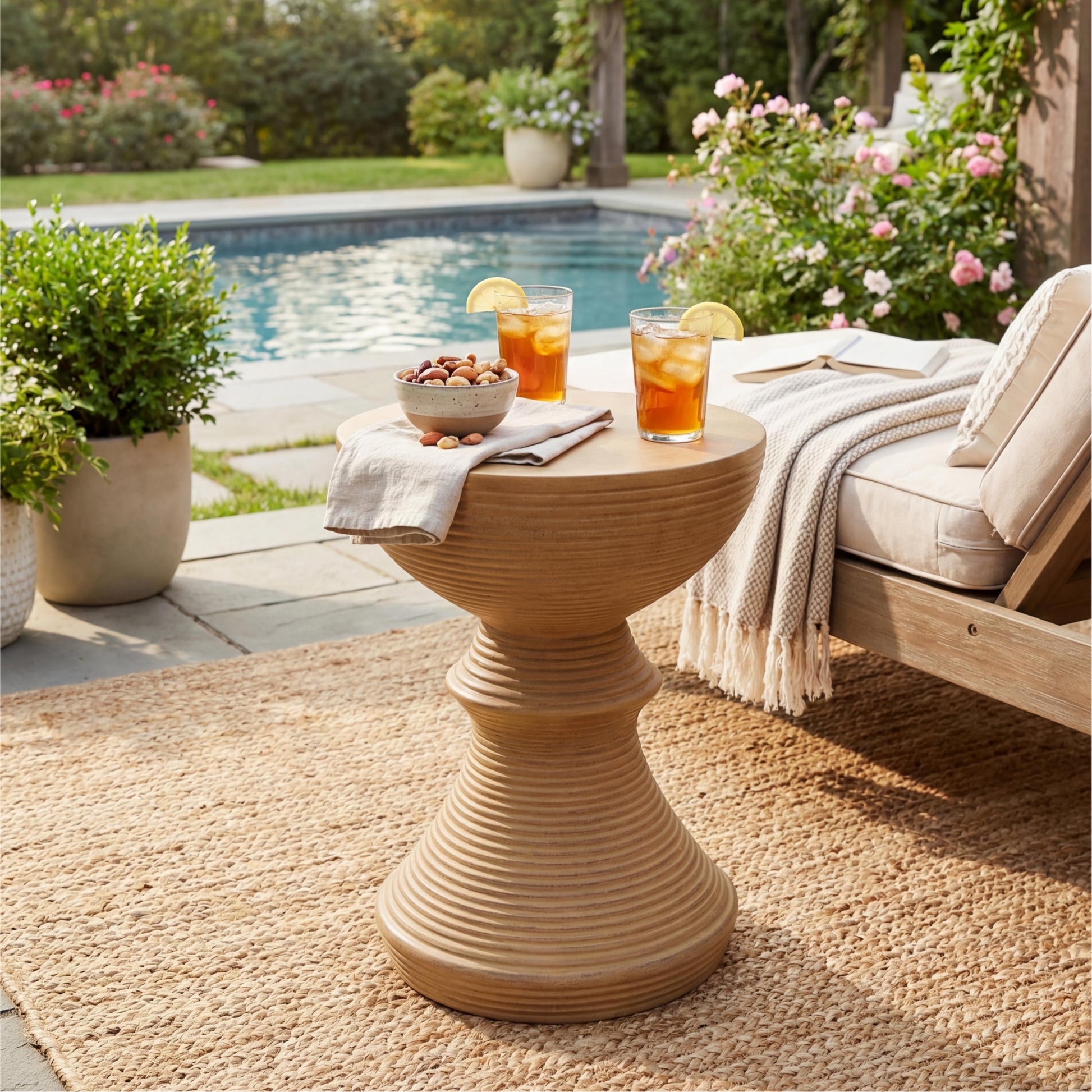 Hourglass Concrete Side Table, 16 Inch Ribbed Outdoor End Table for Patio Garden, Natural
