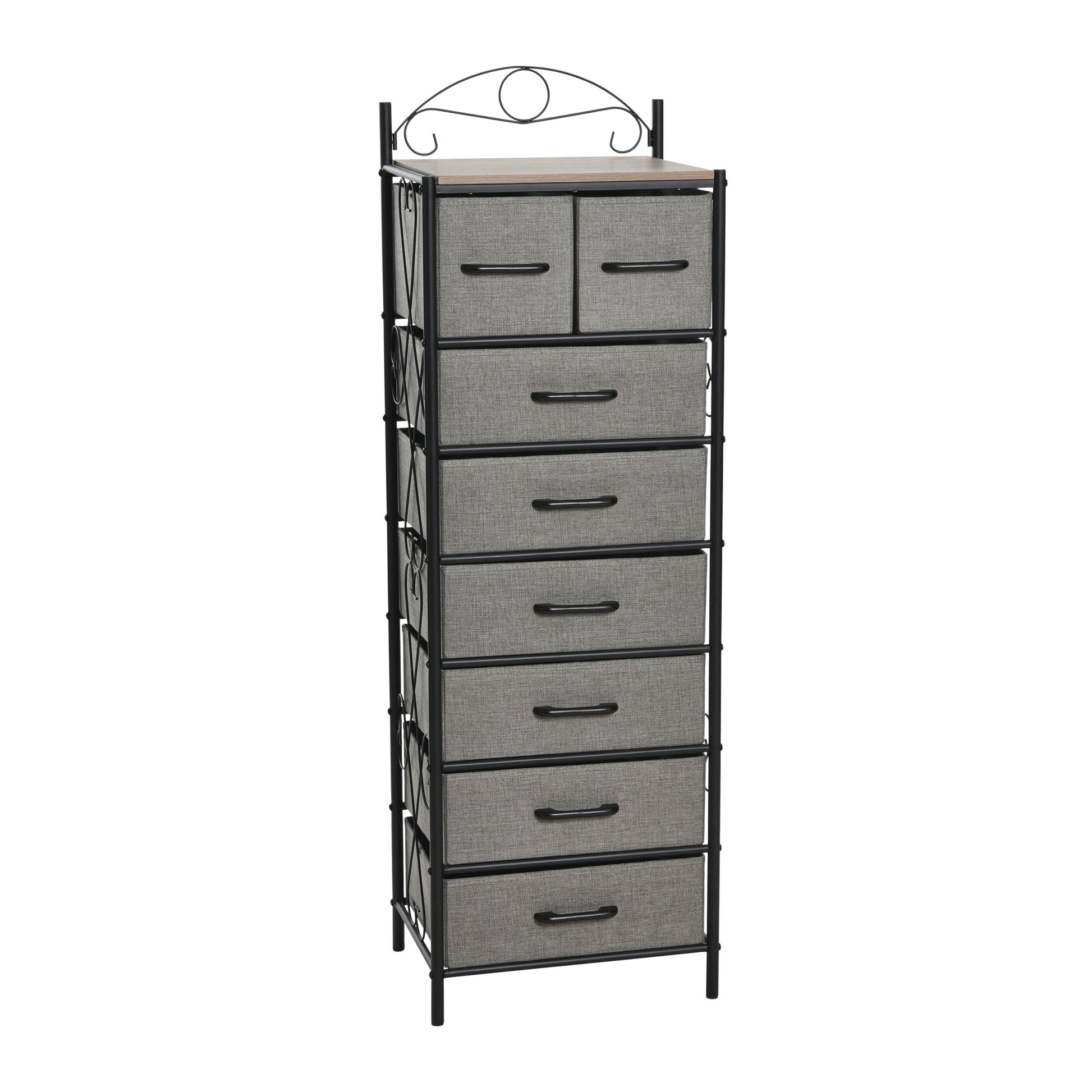 Household Essentials Victoria Dresser Tower Storage Organizer with 8 Drawers Black Metal Frame and Ashwood Rustic Wood Grain Top