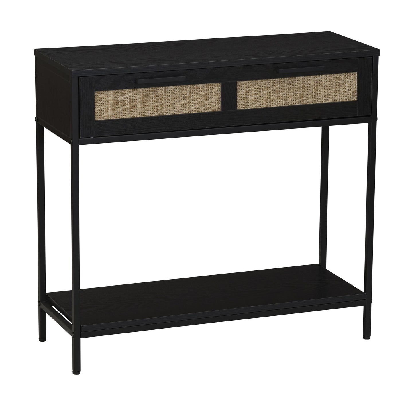 Household Essentials Bungalow Rectangular Console Sofa Table with Storage Shelf and 2 Drawers Black Oak Wood Grain Woven Front and Black Metal