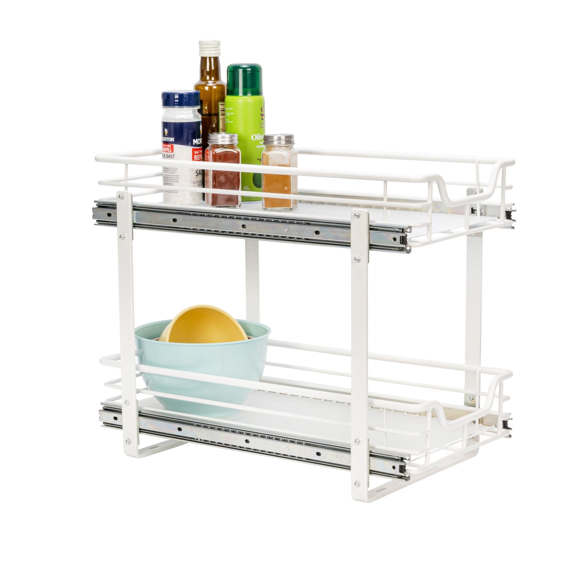 Household Essentials Glidez Multipurpose Powder-Coated Steel Pull-Out Storage Organizer with Plastic Liners for Under Cabinet - 2-Tier Dual-Slide - Fits Standard Size Cabinet, White