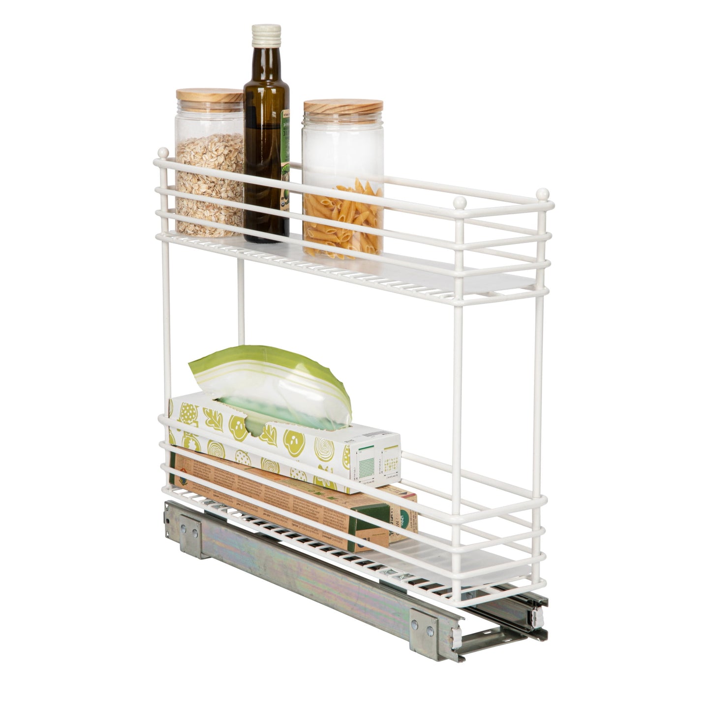 Household Essentials Glidez Paint-Finished Steel Pull-Out/Slide-Out Basket Storage Organizer with Plastic Liners for Under Cabinet Use - 2-Tier Design - Fits Standard Size Cabinet or Shelf, White