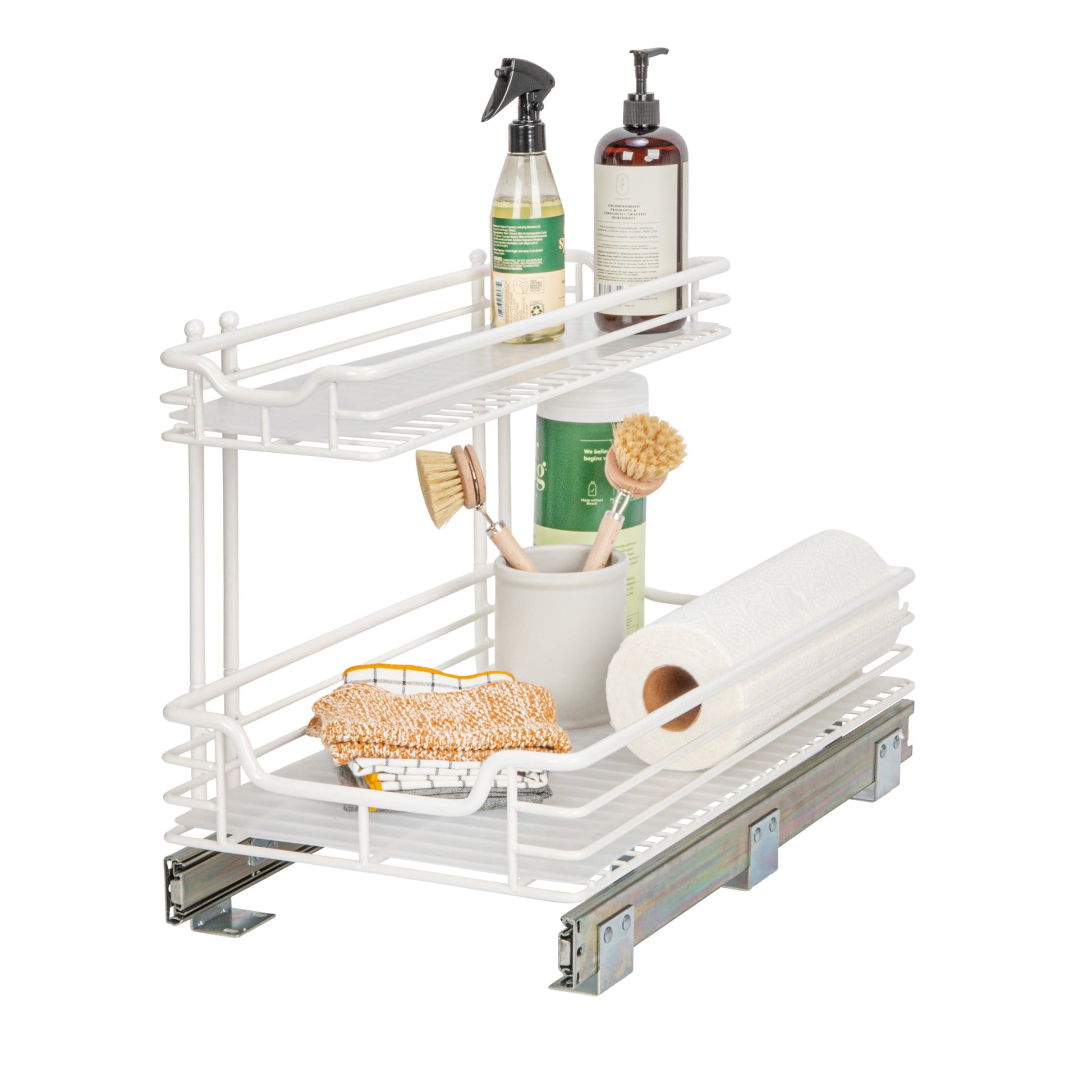 Household Essentials Glidez Powder-Coated Steel Pull-Out/Slide-Out Basket Storage Organizer for Under Sink or Under Cabinet Use - 2-Tier Design - Fits Standard Size Cabinet or Shelf, White