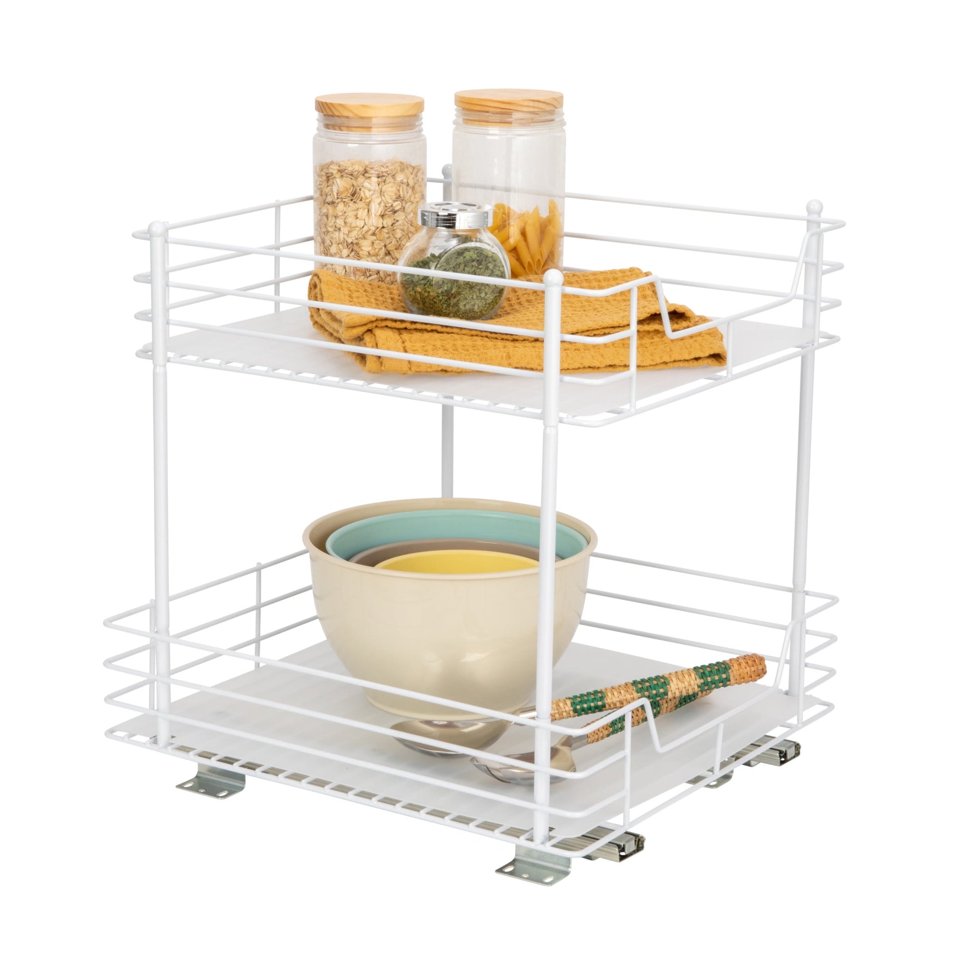 Household Essentials Glidez Steel Pull-Out/Slide-Out Storage Organizer with Plastic Liners for Under Cabinet or Wire Shelf Use - 2 -Tier Design - Fits Standard Size Cabinet or Shelf, White