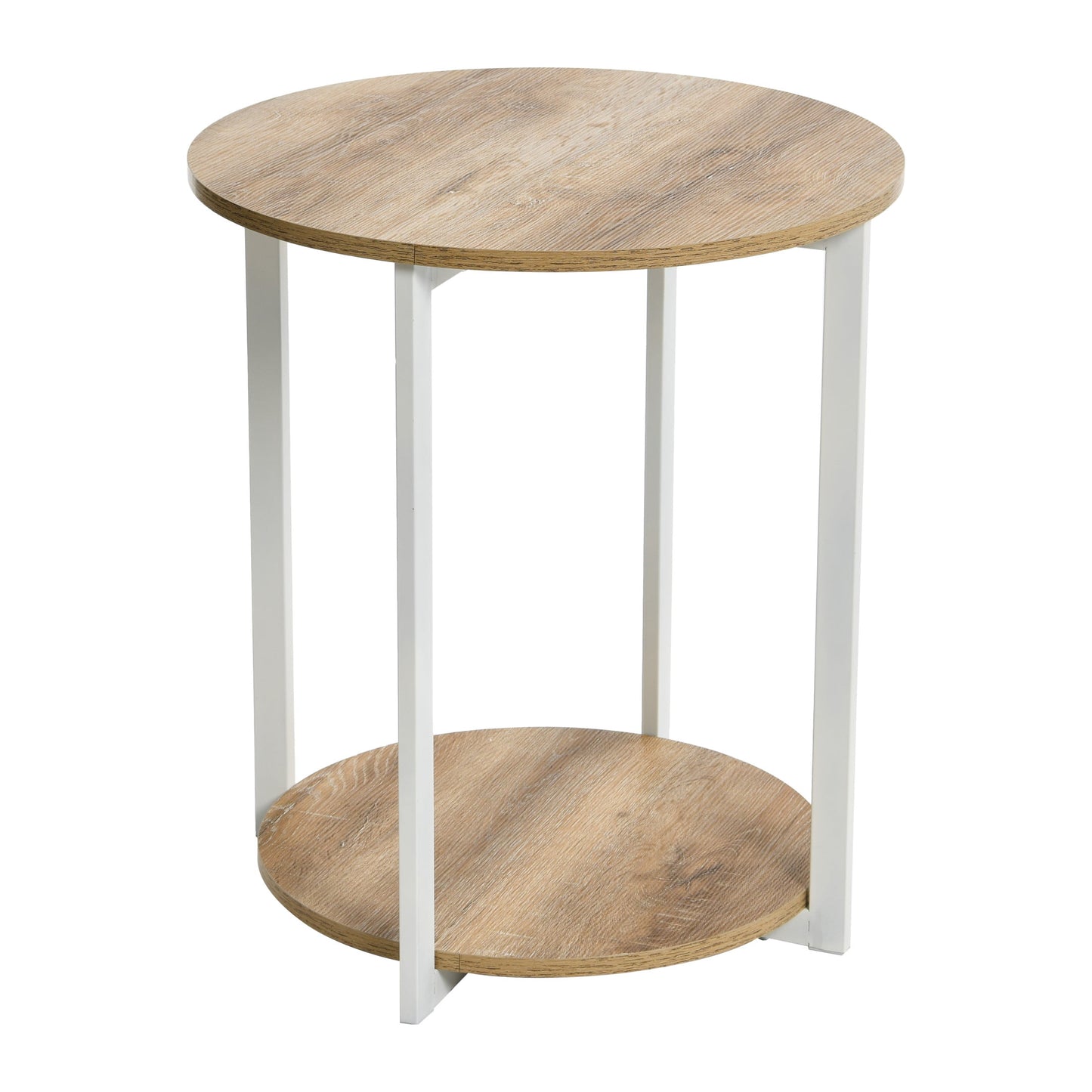 Household Essentials Jamestown Round Side End Table with Storage Shelf Mid Century Walnut Wood Grain and Black Metal