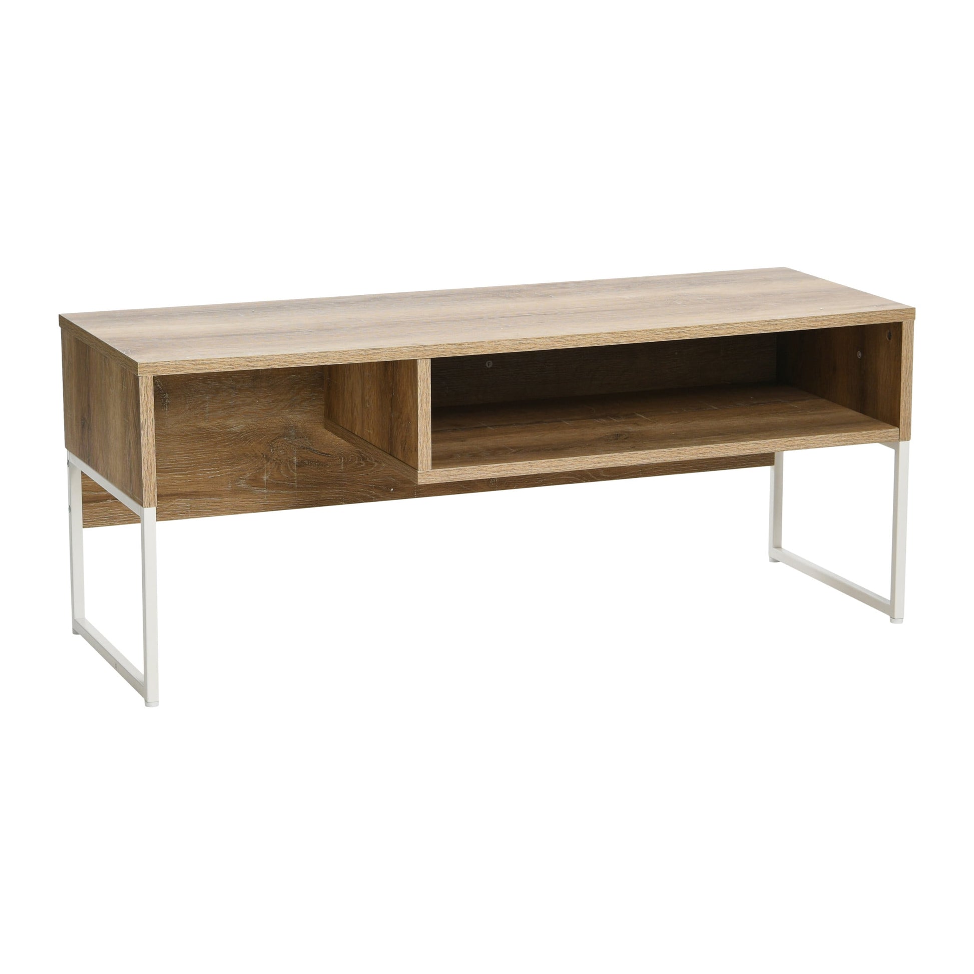 Household Essentials Wrap TV Stand with Rectangular Storage Compartment Coastal Oak Rustic Wood Grain and White Metal