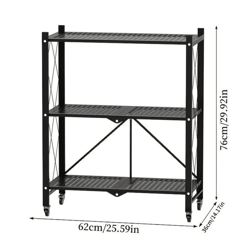 Howcool 3-Tier Heavy Duty Metal Rack Foldable Shelf Organizer, Kitchen Storage Cart with Lockable Wheel