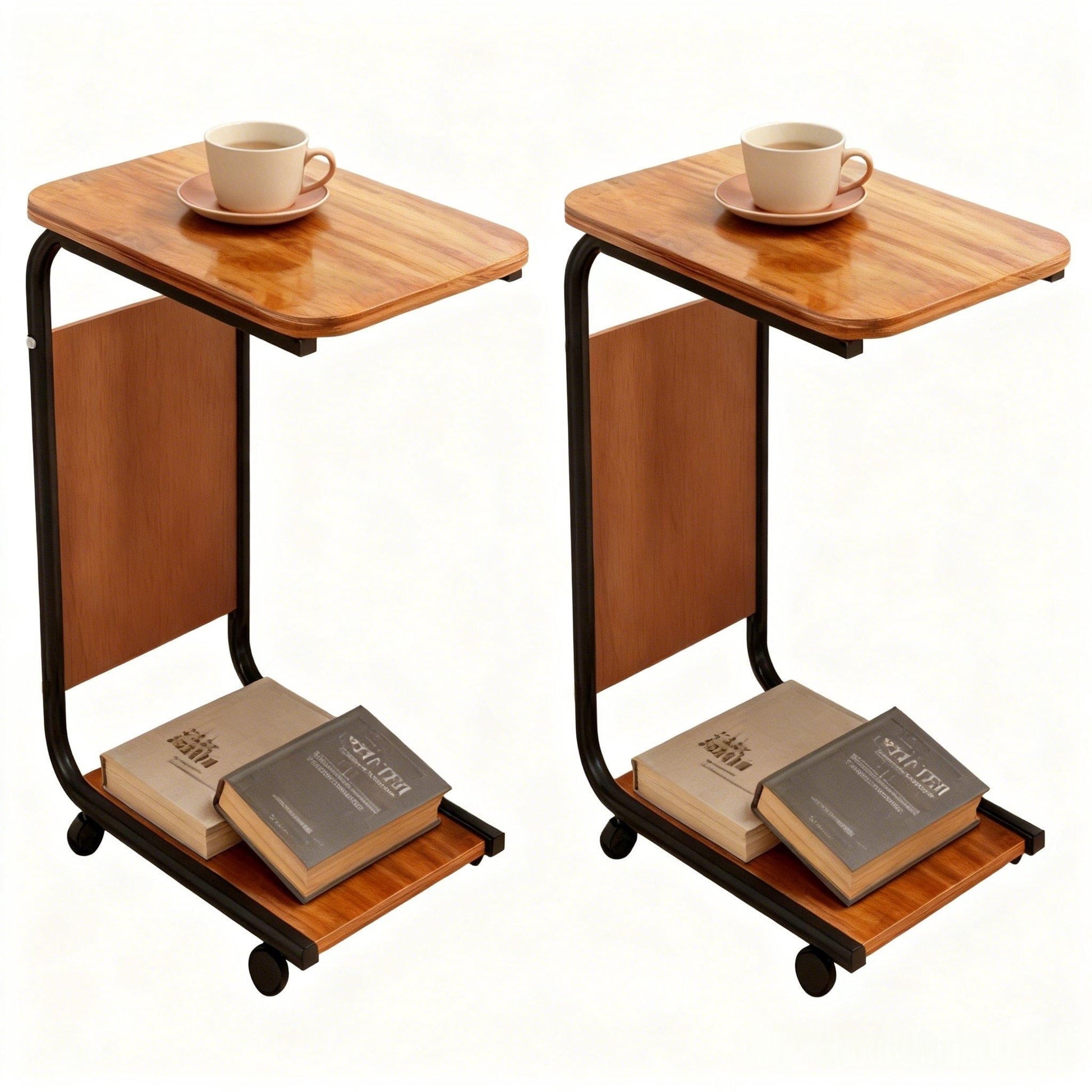 Howcool C-Shaped End Table with Wheels, 25.1" Mobile Sofa Side Table Slide Under Couch, Double Layer Storage & Side Pocket, Space Saving Brown for Living Room Bedroom, 1-Pack