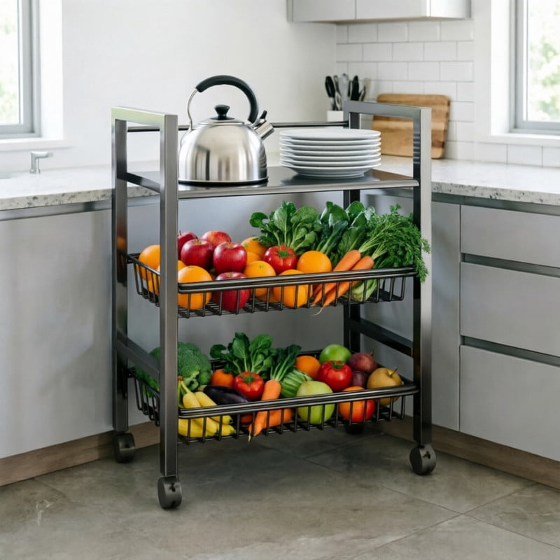 Rolling Kitchen Island with Anti-Dust Door & Wheels, Kitchen Storage Cart with Removable Baskets, Versatile Storage Shelf Organizer