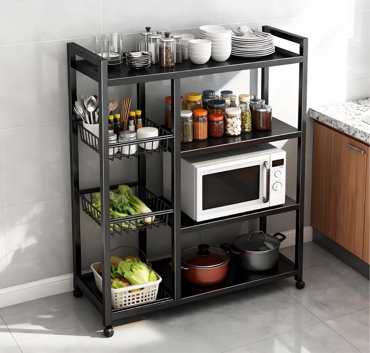 Howcool Movable Kitchen Rack w/ Wheels, Heavy-Duty 4-Tier Storage Cart w/ 3 Mesh Baskets , Metal Shelf Organizer