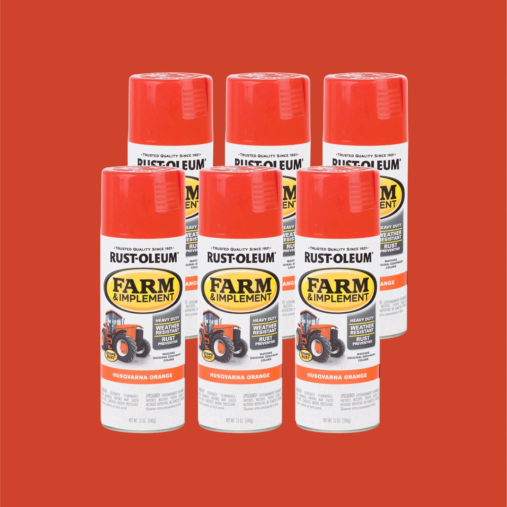 6 Pack, Husqvarna Orange, Rust-Oleum Specialty Farm & Implement Gloss Spray Paint-303472, 12 oz