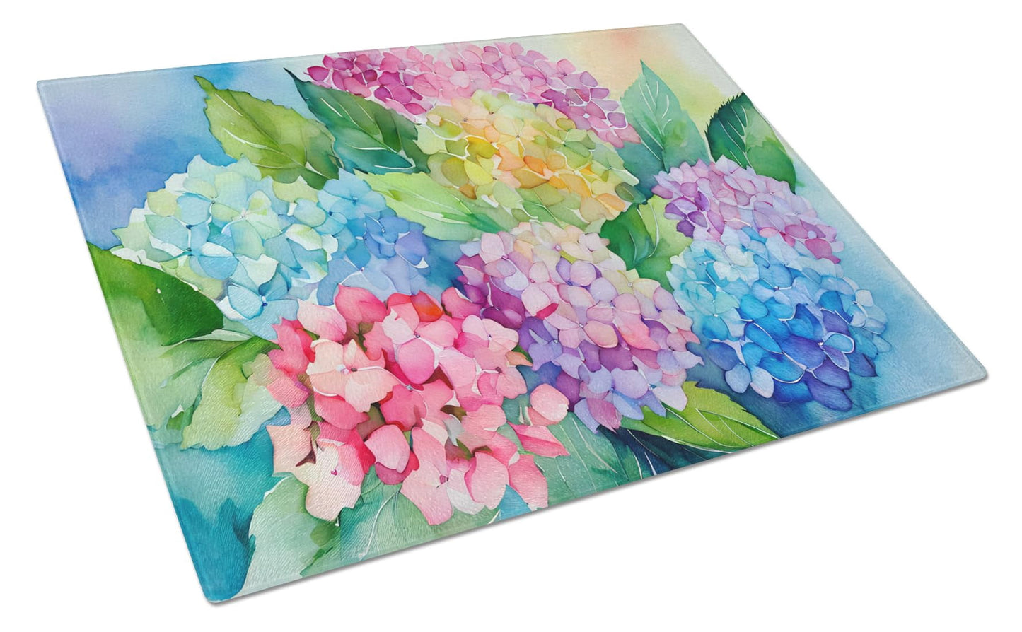 Hydrangeas in Watercolor Glass Cutting Board Large 12 in x 15 in