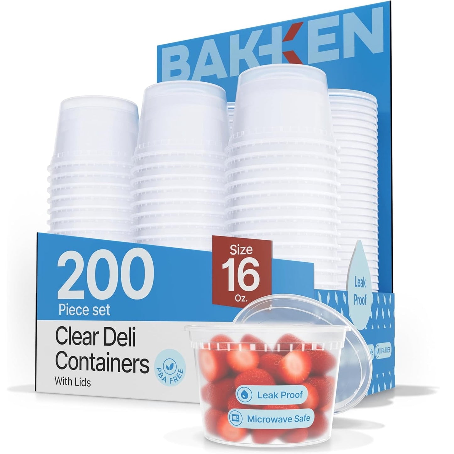 BAKKEN Plastic Deli Containers with Lids 16oz (200 Pack), Leak-Proof Food Storage for Soup, Meal Prep & Slime, Stackable, Freezer & Microwave Safe