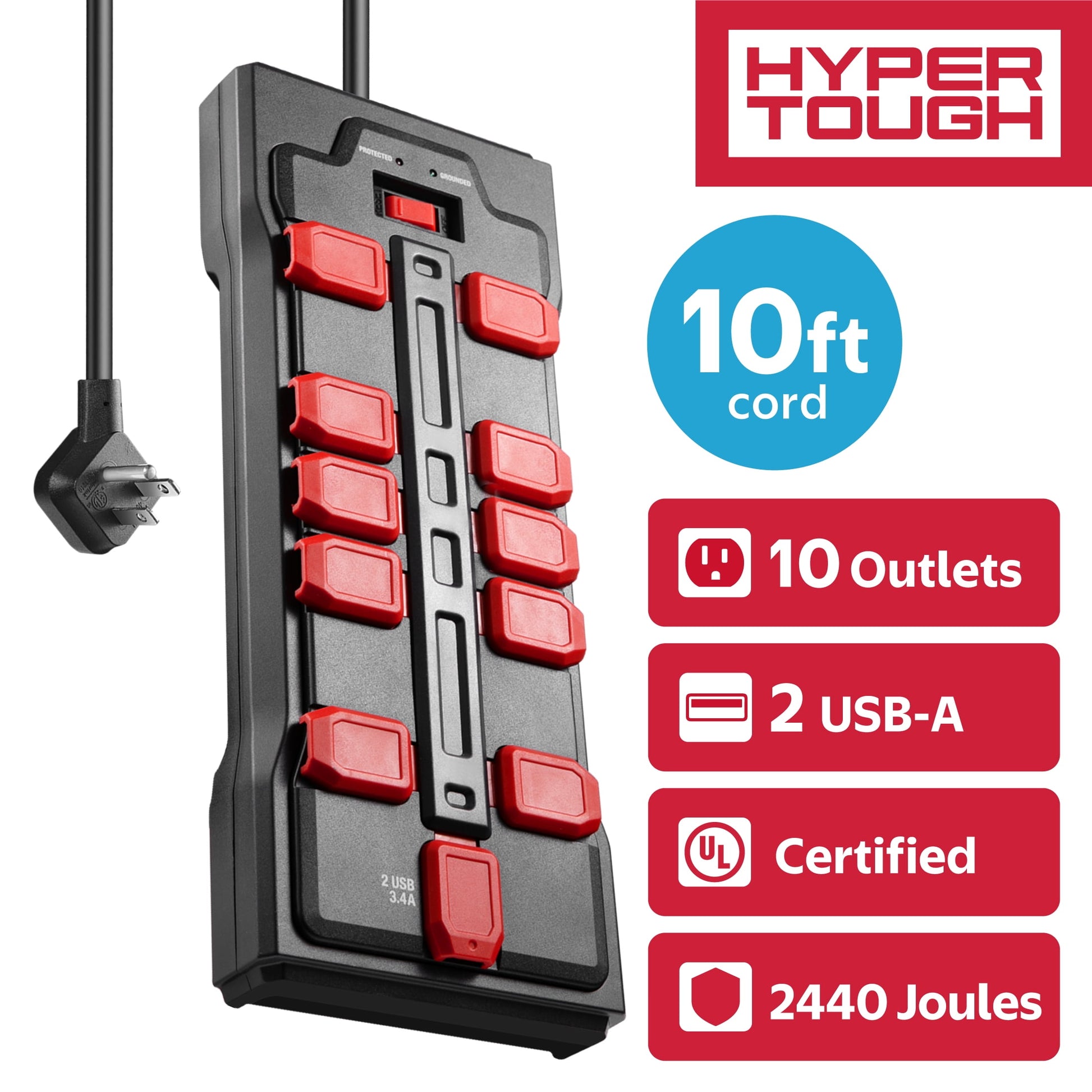 Hyper Tough Surge Protector Power Strip with Usb, 10 Safety Outlets, 10ft Extension Cord, Black/Red