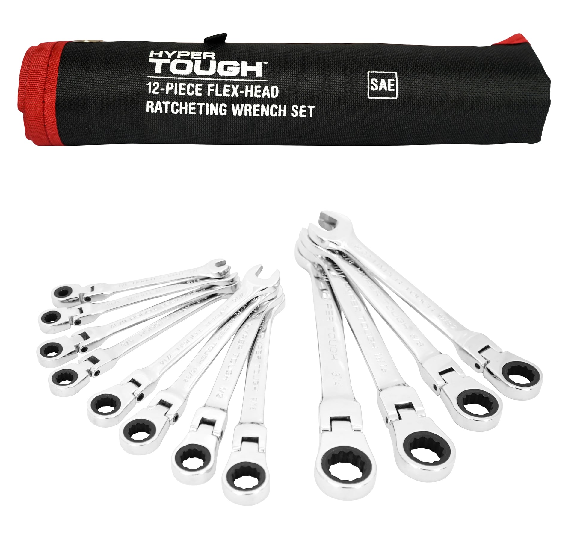 Hyper Tough Flex Head Ratchet Wrench Tool Set, 12-Piece SAE, Hand Tools