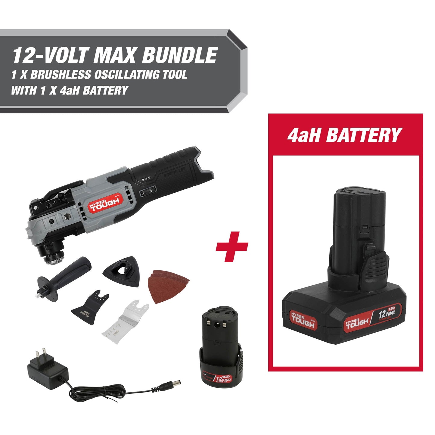 Hyper Tough 12-Volt Cordless Brushless Oscillating Tool Plus 4 Ah Battery,