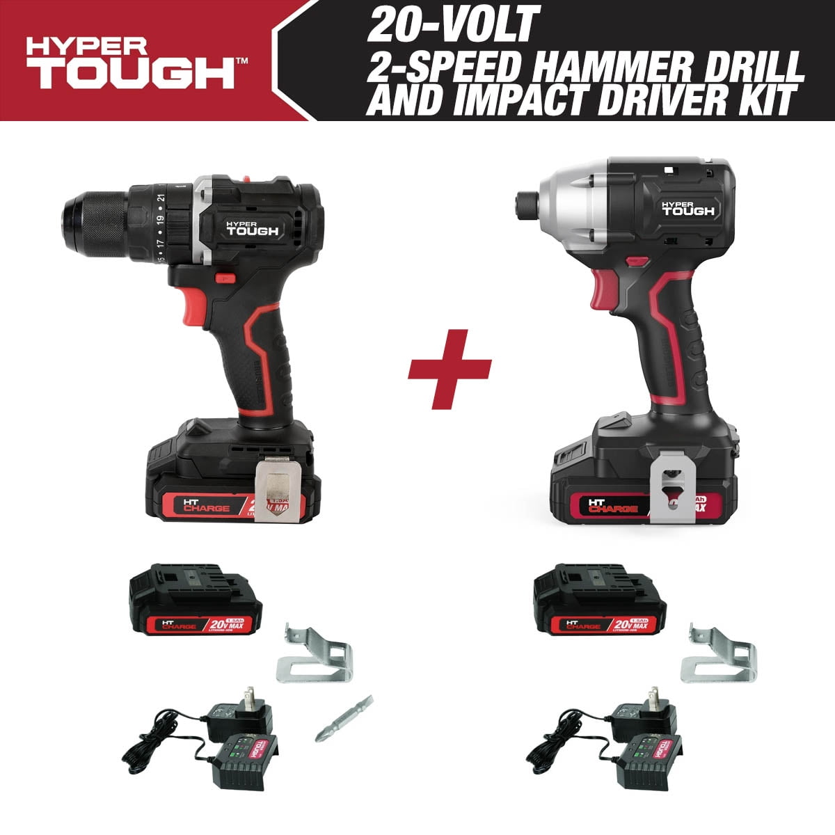 Hyper Tough 20V 1/4â€ Impact Driver & 1/2â€ 2-Speed Hammer Drill Bundle, (2) 1.5Ah Lithium-Ion Batteries & (2) Chargers
