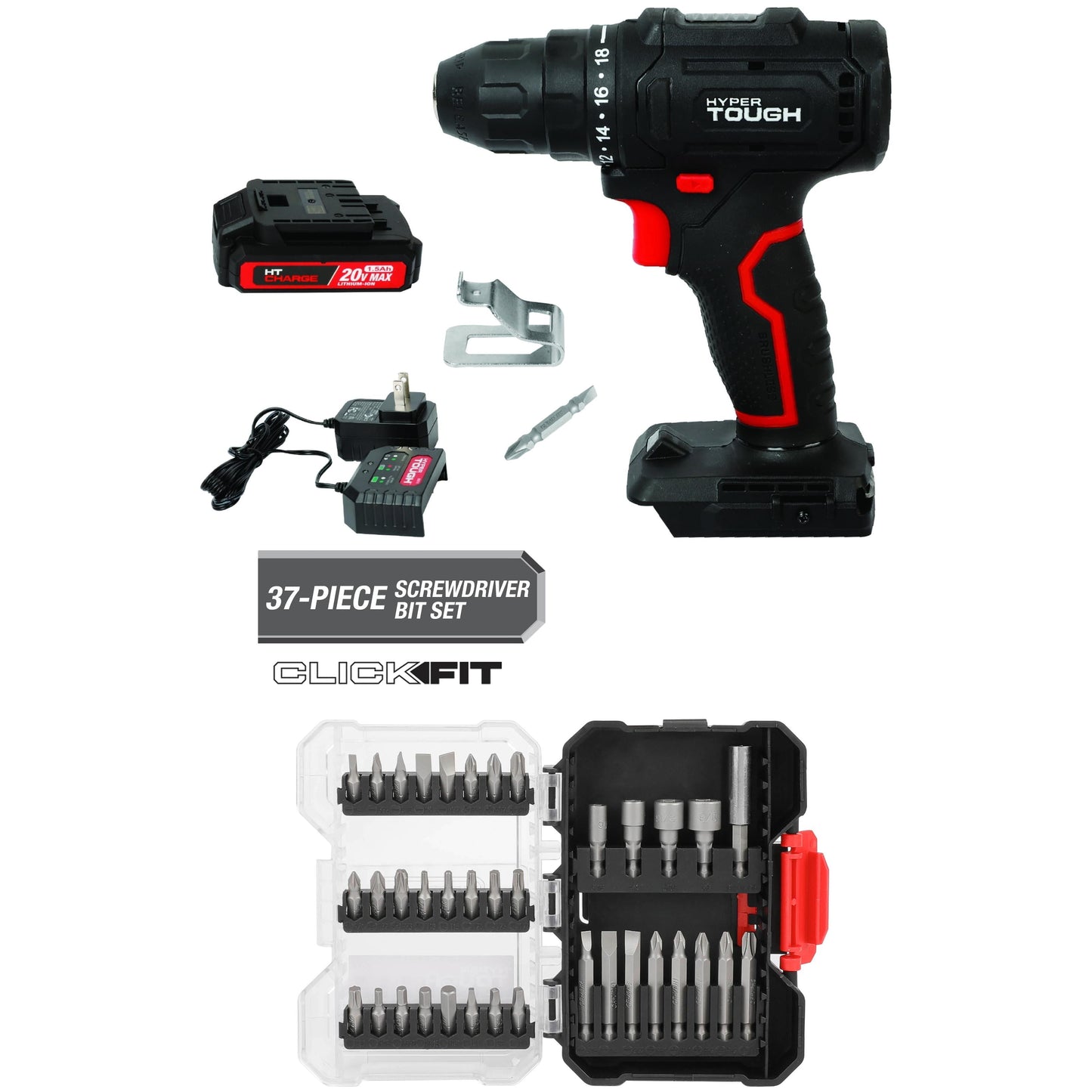 Hyper Tough 20V Max Brushless 1.5AH Cordless Drill and 37-Piece Screwdriver Bit Set