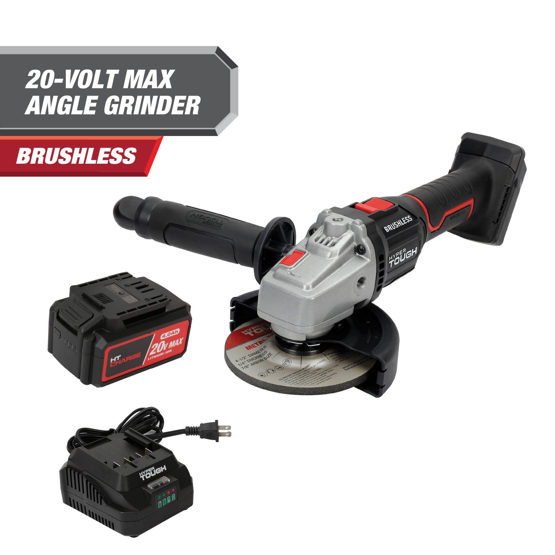 Hyper Tough 20V Max Brushless 4.5-inch Cordless Angle Grinder with 4.0Ah Lithium-Ion Battery and Charger