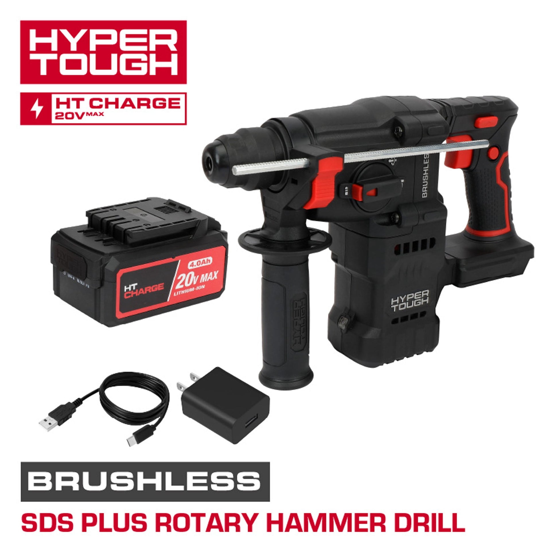 Hyper Tough 20V Brushless SDS Plus Rotary Hammer Drill with 4.0Ah Battery