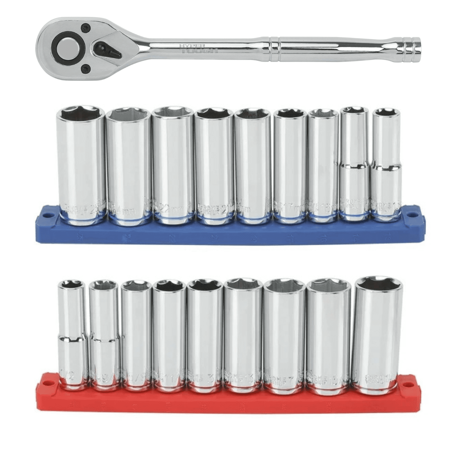 Hyper Tough 21-Piece 1/2-inch Drive Deep Ratchet and Socket Set (SAE and mm)