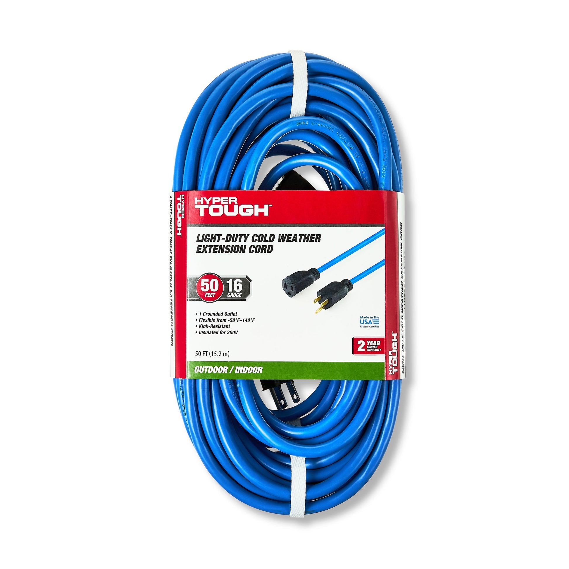 Hyper Tough 50FT Indoor/ Outdoor Extension Cord, 16 AWG, Single Outlet Light-Duty Cold Weather Extension Cord, Blue